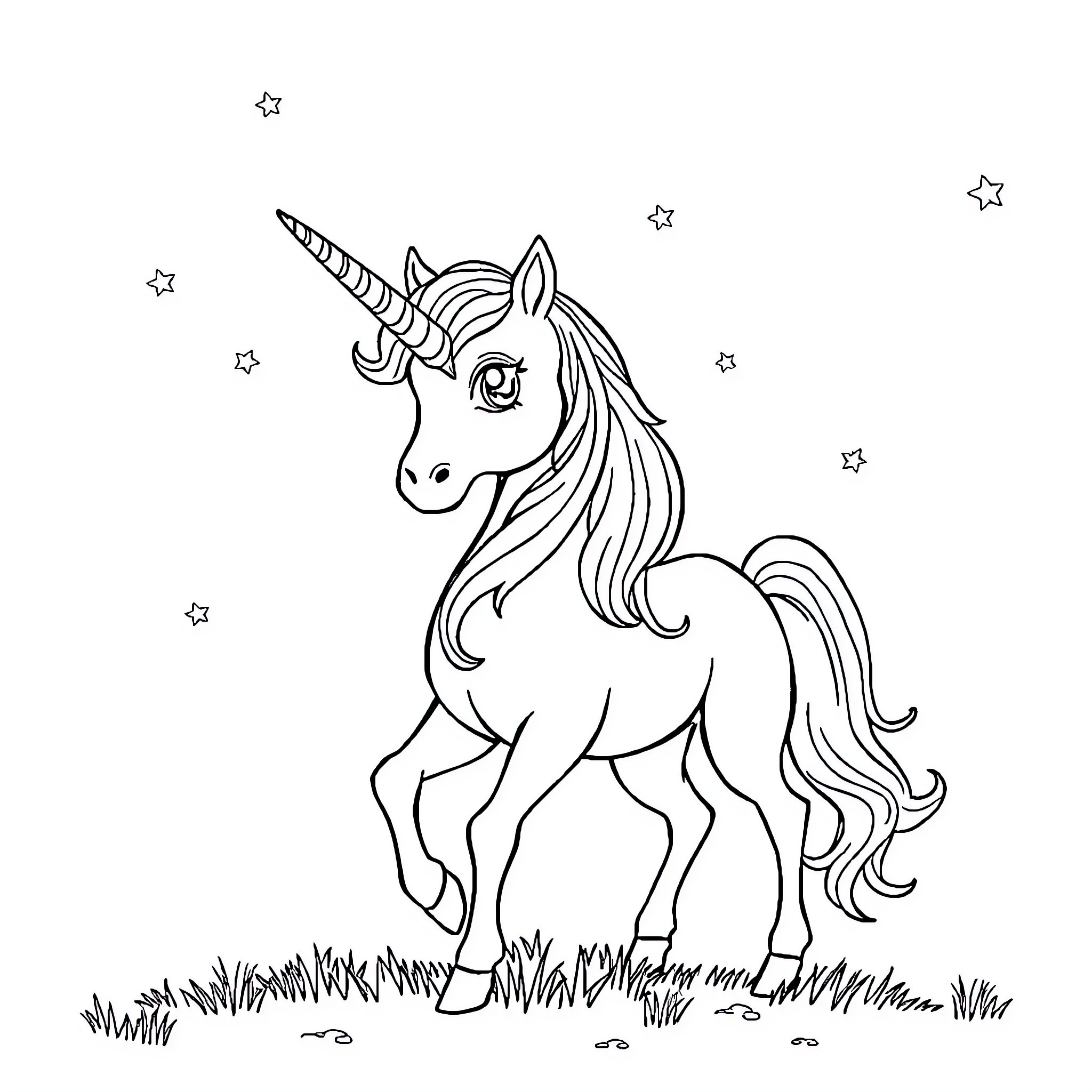 Unicorn prancing amidst twinkling stars Coloring Page (free black-and-white line drawing printable PDF for all, from beginners to advanced learners, including children, teens, adults, and seniors)