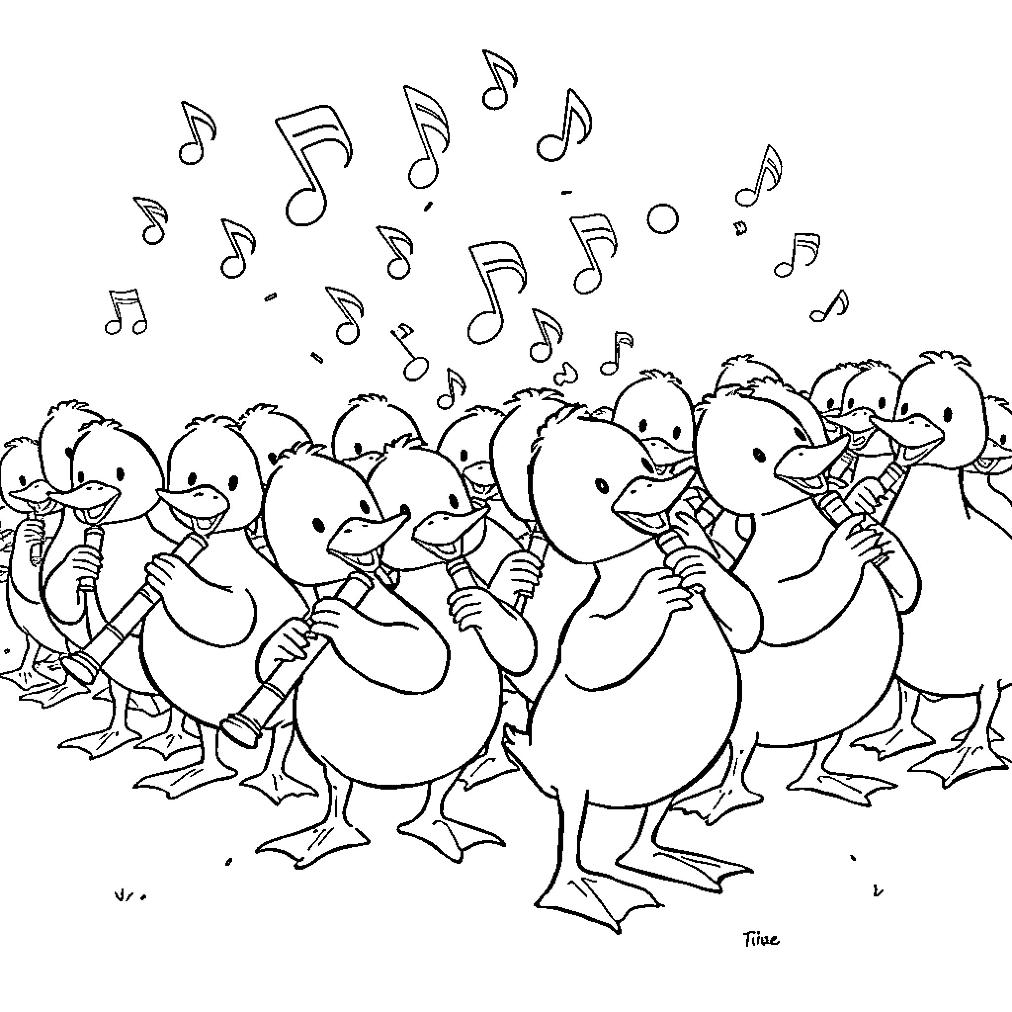 Duck Choir Singing Joyfully with Musical Notes Coloring Page (free black-and-white line drawing printable PDF for all, from beginners to advanced learners, including children, teens, adults, and seniors)