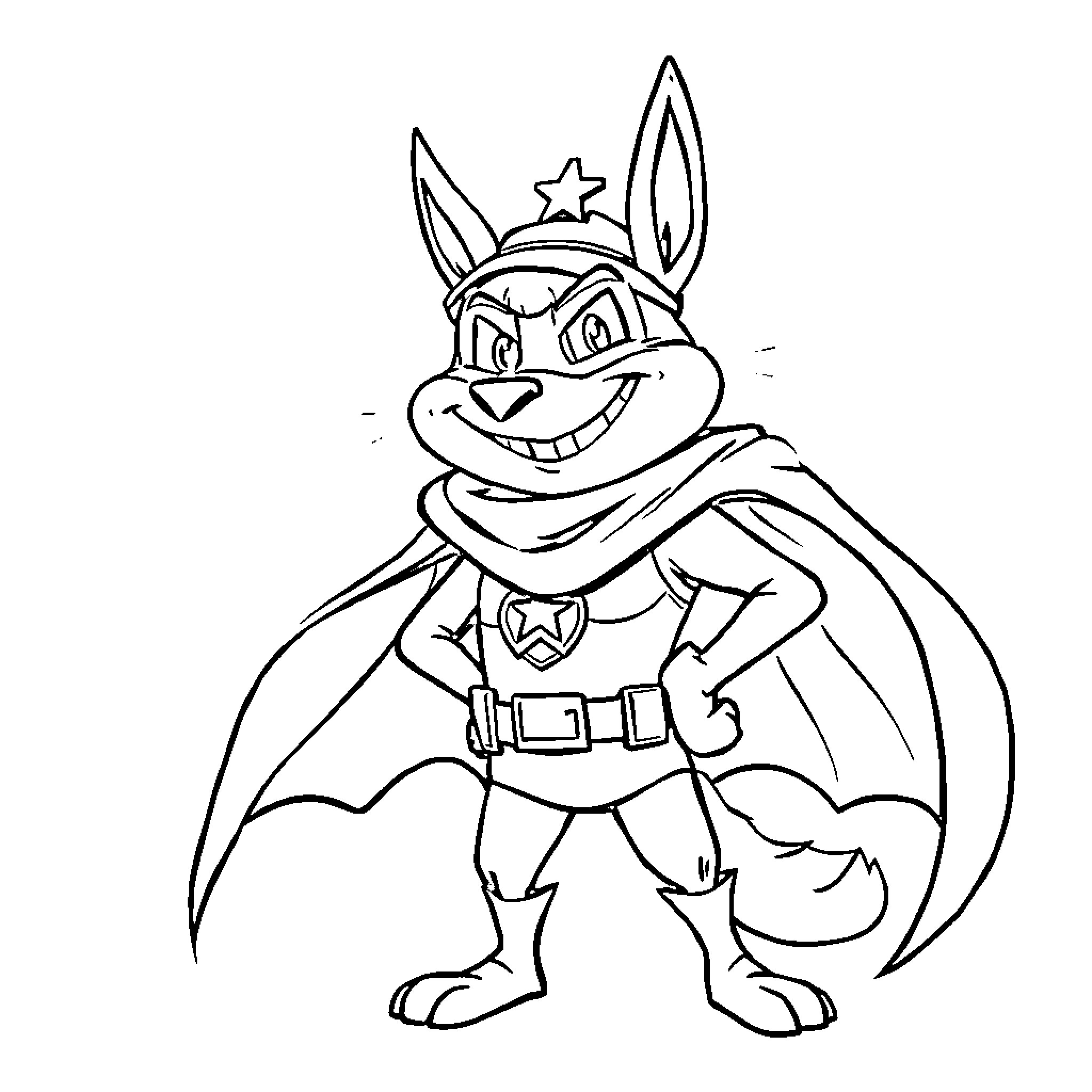 Captain Squirrel in heroic superhero pose Coloring Page (free black-and-white line drawing printable PDF for all, from beginners to advanced learners, including children, teens, adults, and seniors)