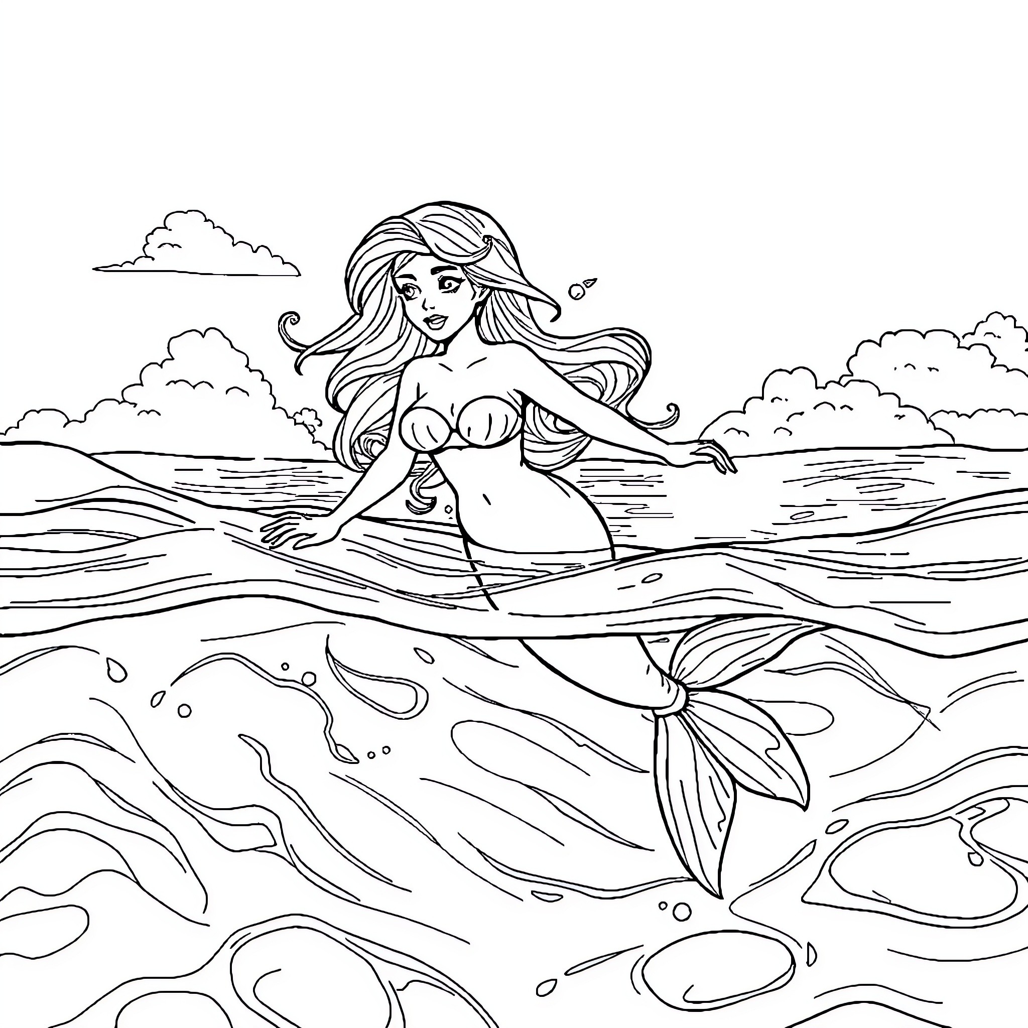 Siren singing sweetly in the ocean waves Coloring Page (free black-and-white line drawing printable PDF for all, from beginners to advanced learners, including children, teens, adults, and seniors)