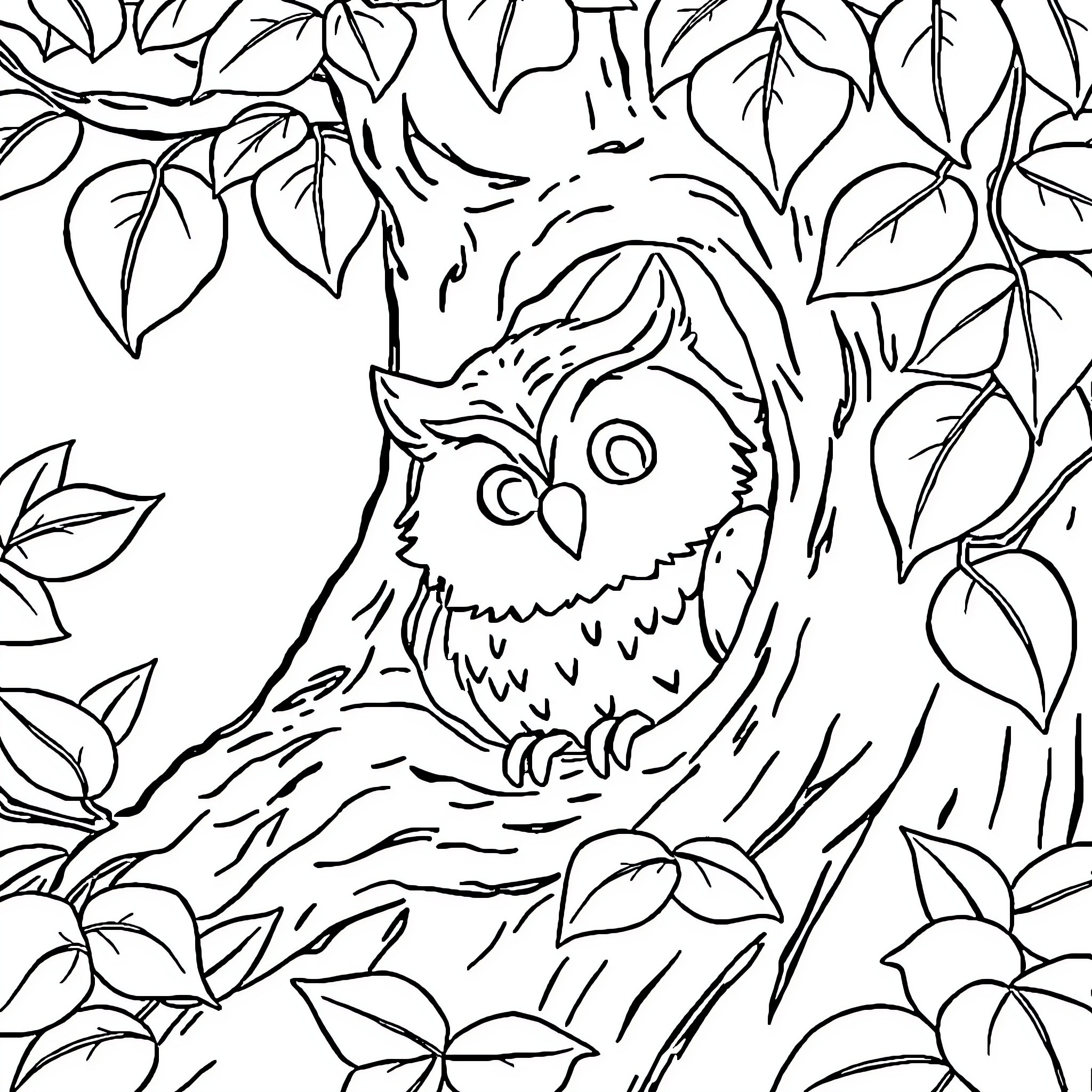 Owl hiding among the leaves Coloring Page (free black-and-white line drawing printable PDF for all, from beginners to advanced learners, including children, teens, adults, and seniors)