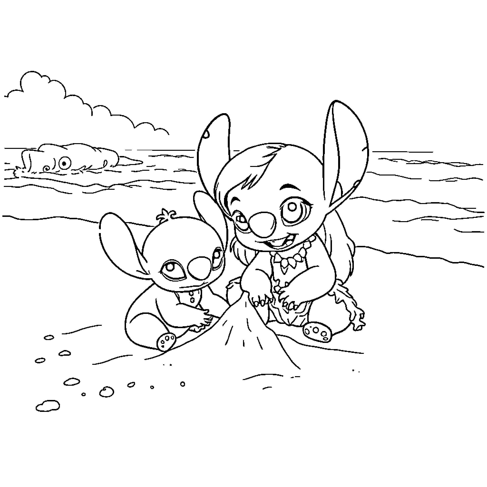 Moana characters playing on the beach Coloring Page (free black-and-white line drawing printable PDF for all, from beginners to advanced learners, including children, teens, adults, and seniors)