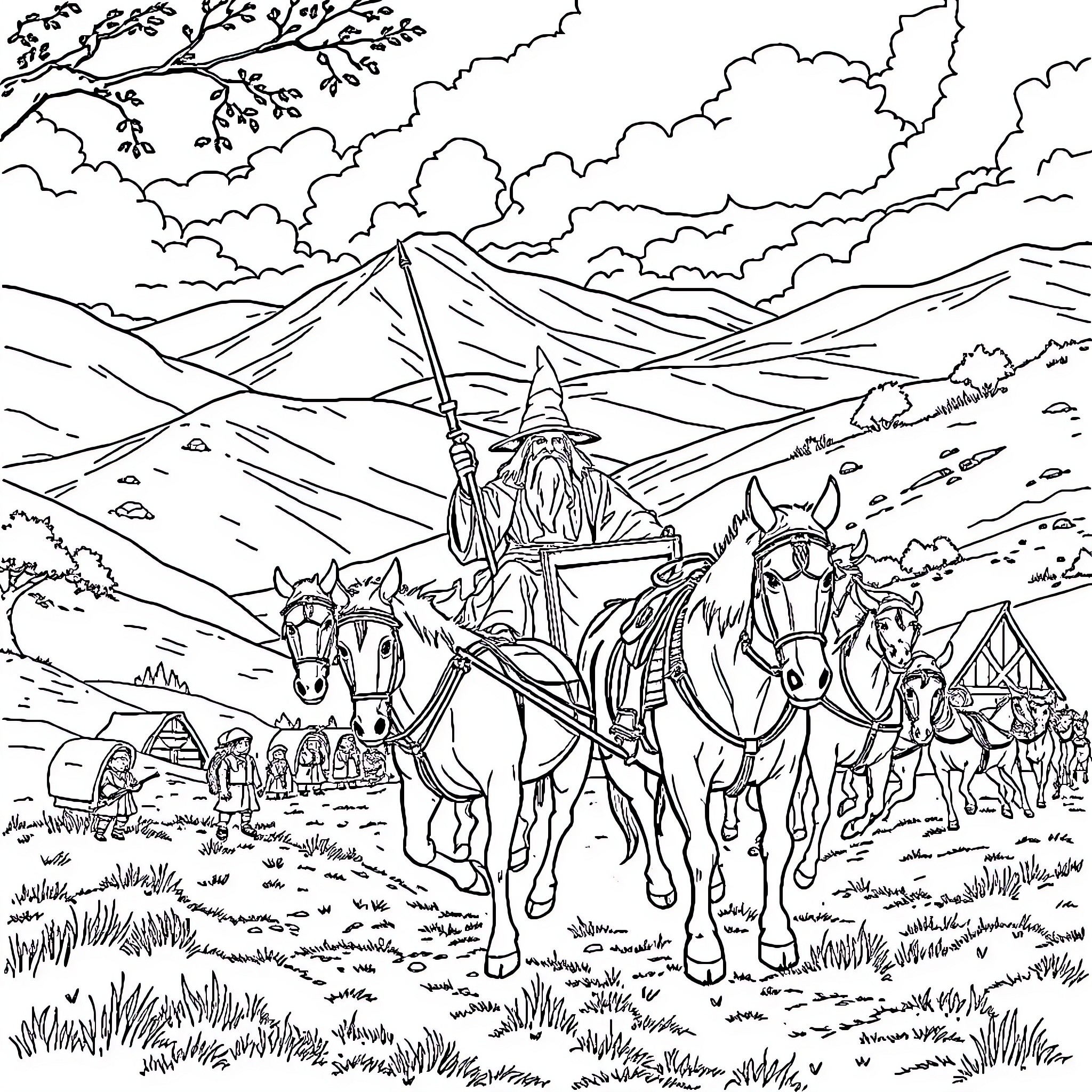 Gandalf leading a caravan through the mountains Coloring Page (free black-and-white line drawing printable PDF for all, from beginners to advanced learners, including children, teens, adults, and seniors)