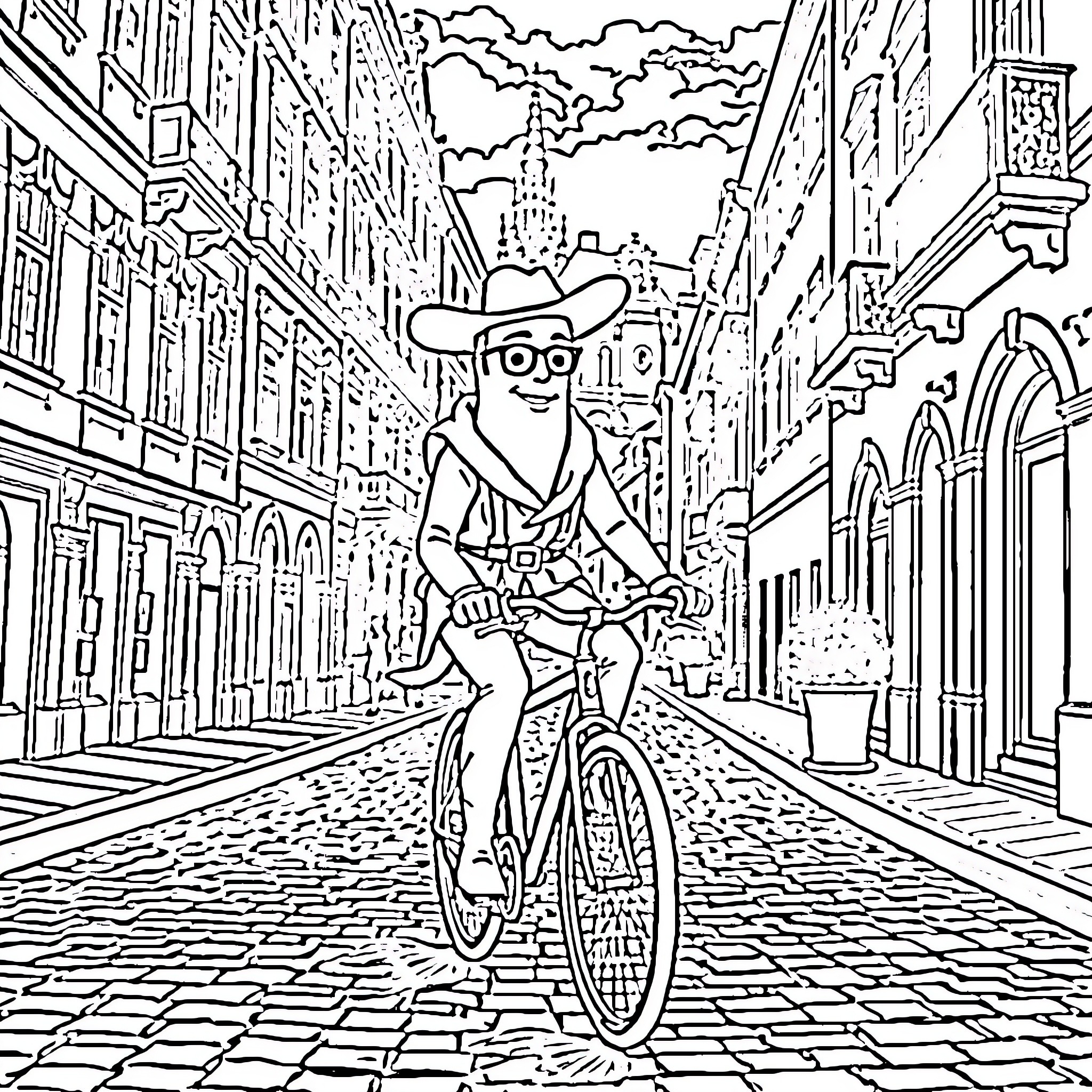 Banana riding bicycle down city street Coloring Page (free black-and-white line drawing printable PDF for all, from beginners to advanced learners, including children, teens, adults, and seniors)