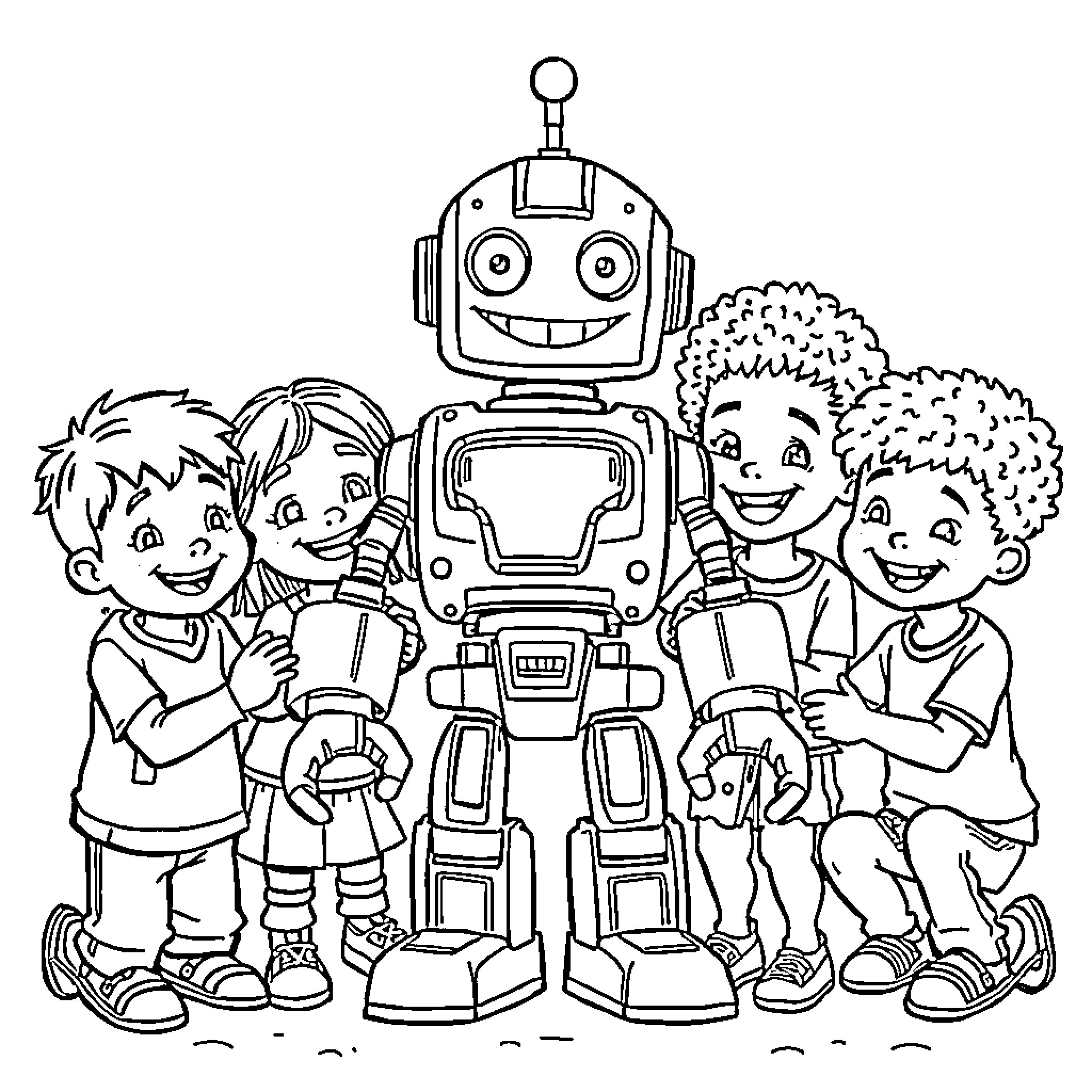 Robot playing happily with children in the park Coloring Page (free black-and-white line drawing printable PDF for all, from beginners to advanced learners, including children, teens, adults, and seniors)