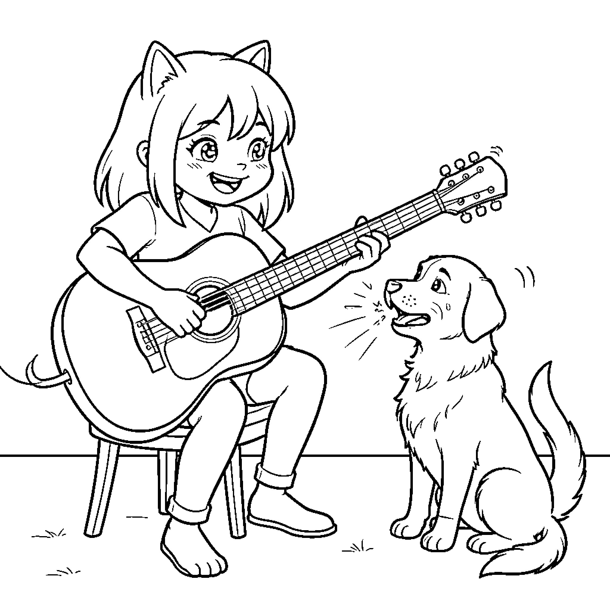 Cat girl playing guitar with her dog companion Coloring Page (free black-and-white line drawing printable PDF for all, from beginners to advanced learners, including children, teens, adults, and seniors)