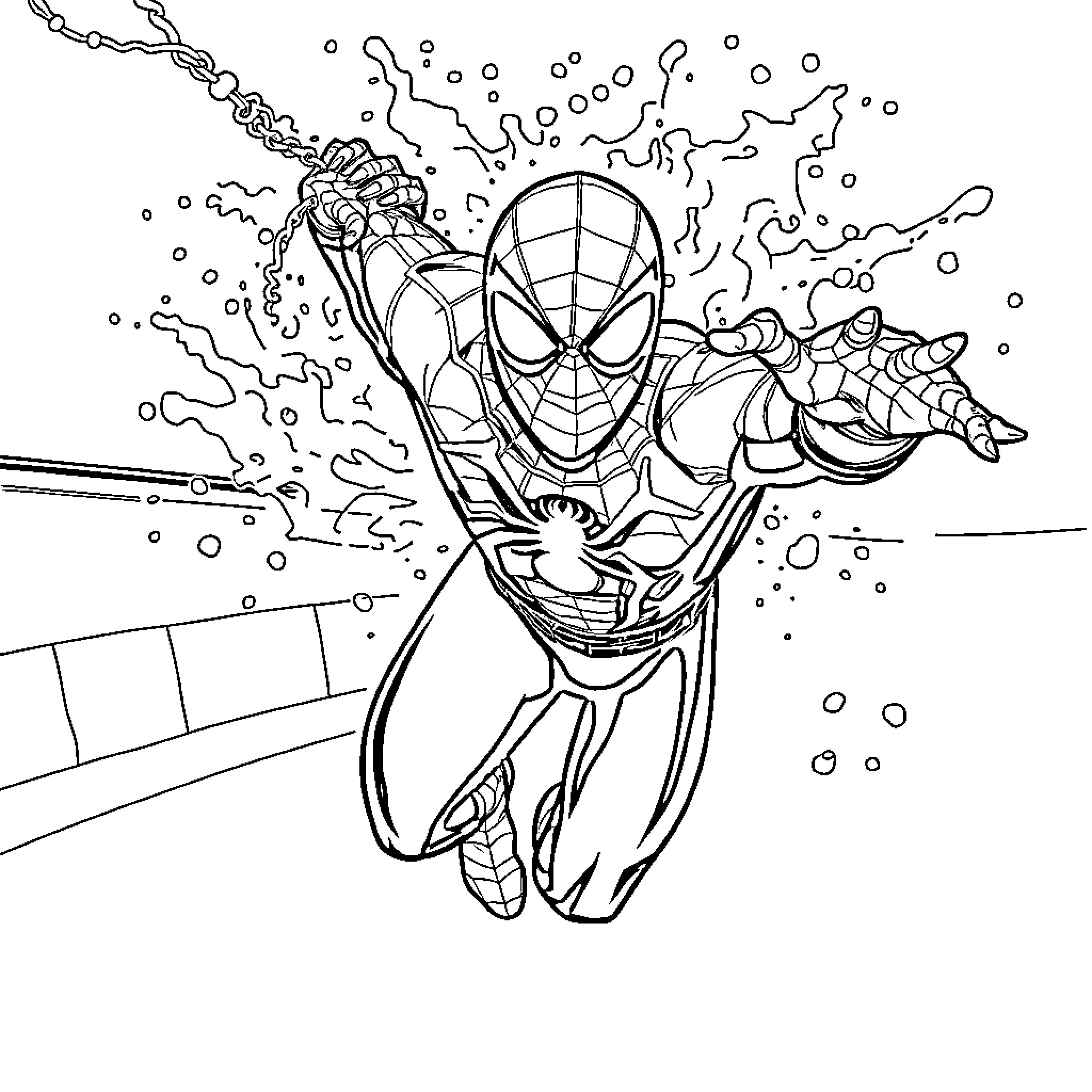 Spiderman swinging through the air mid-action Coloring Page (free black-and-white line drawing printable PDF for all, from beginners to advanced learners, including children, teens, adults, and seniors)