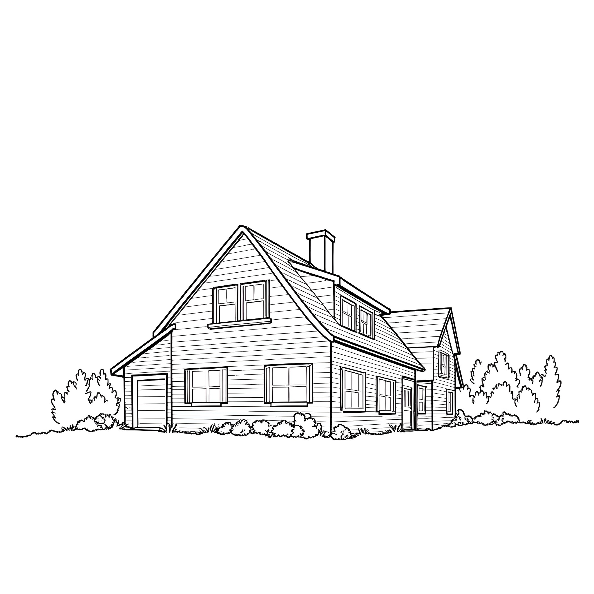 House with Unique Architecture and Landscaping Coloring Page (free black-and-white line drawing printable PDF for all, from beginners to advanced learners, including children, teens, adults, and seniors)