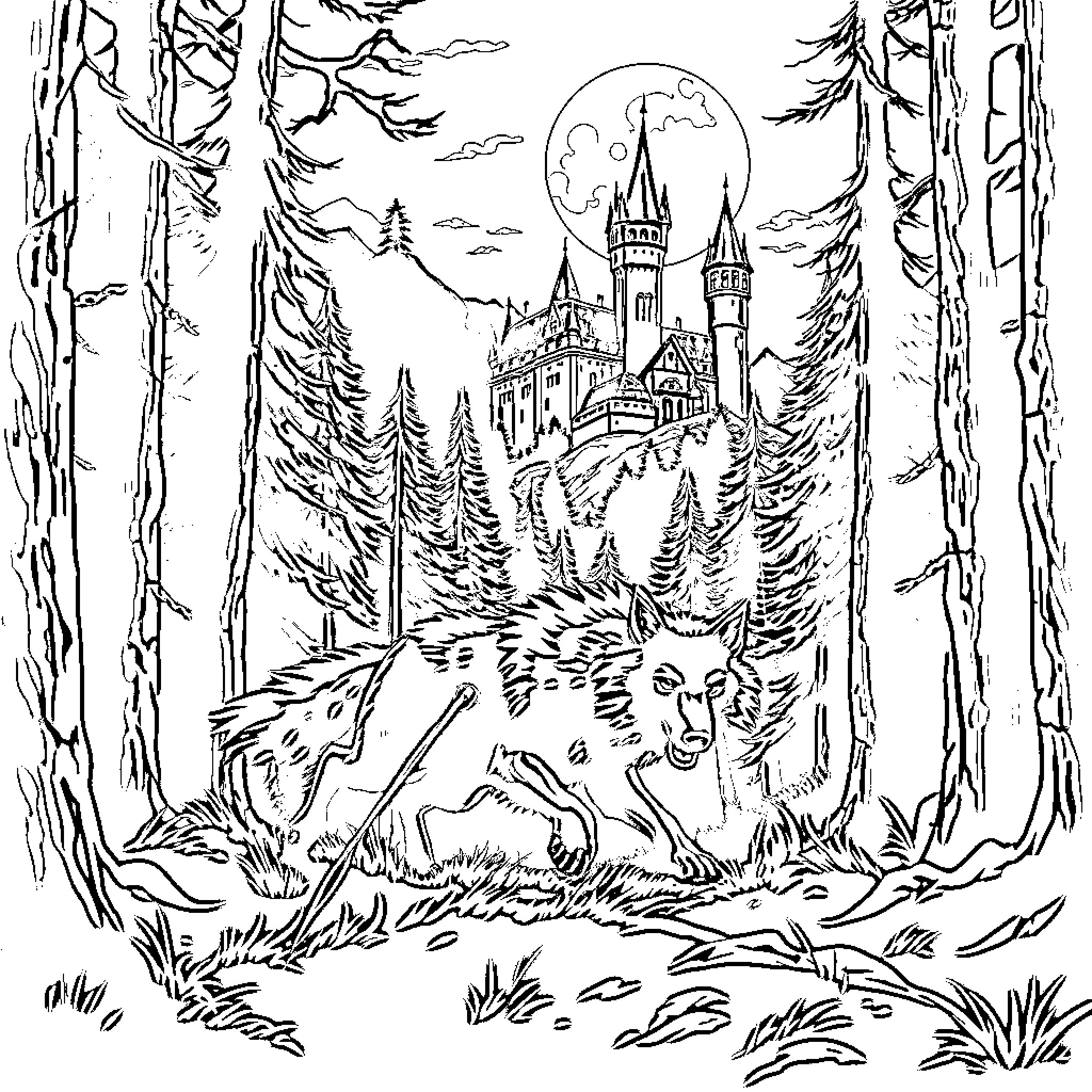 Wolf stalking prey in enchanted forest near castle Coloring Page (free black-and-white line drawing printable PDF for all, from beginners to advanced learners, including children, teens, adults, and seniors)