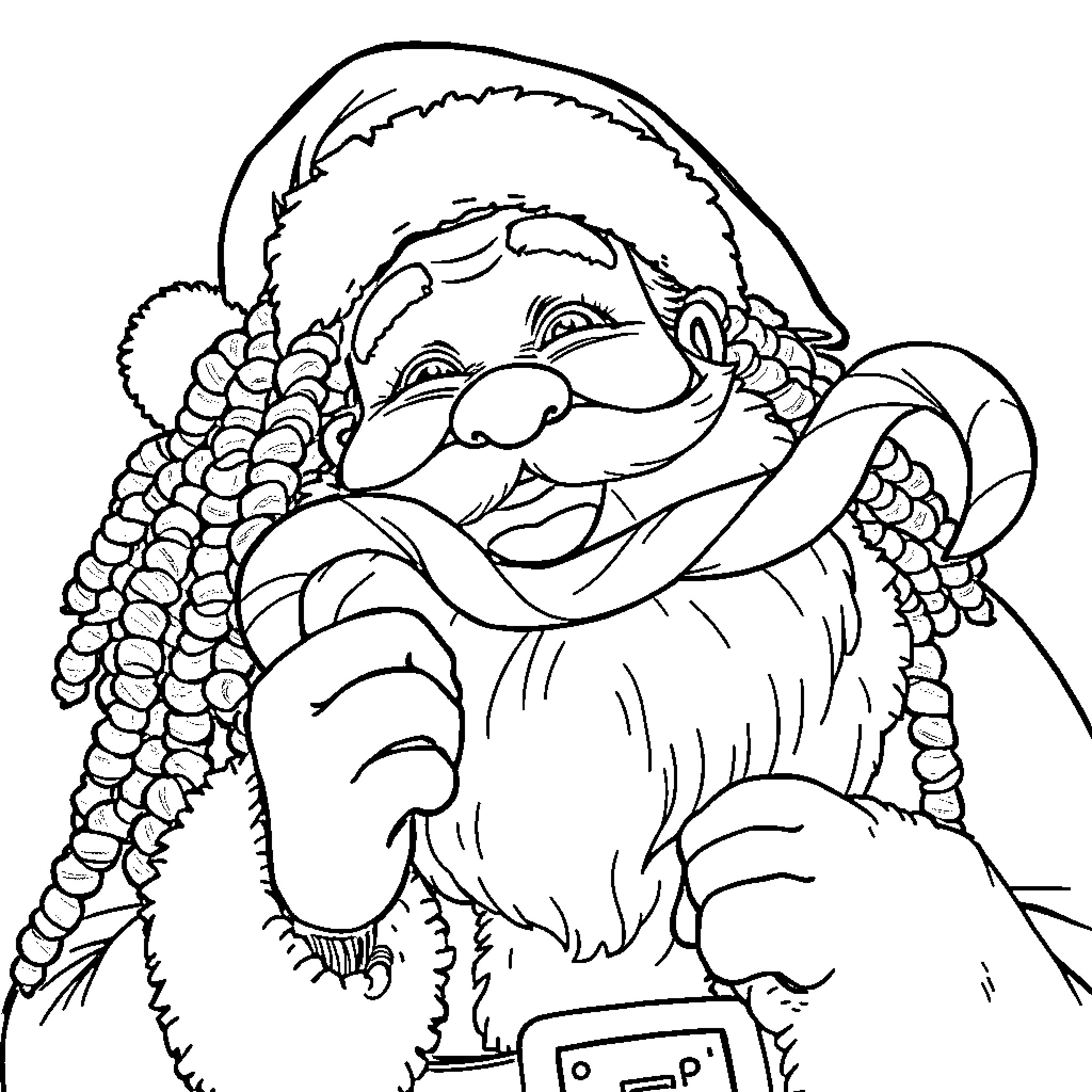 Santa enjoys the holidays with festive cheer Coloring Page (free black-and-white line drawing printable PDF for all, from beginners to advanced learners, including children, teens, adults, and seniors)