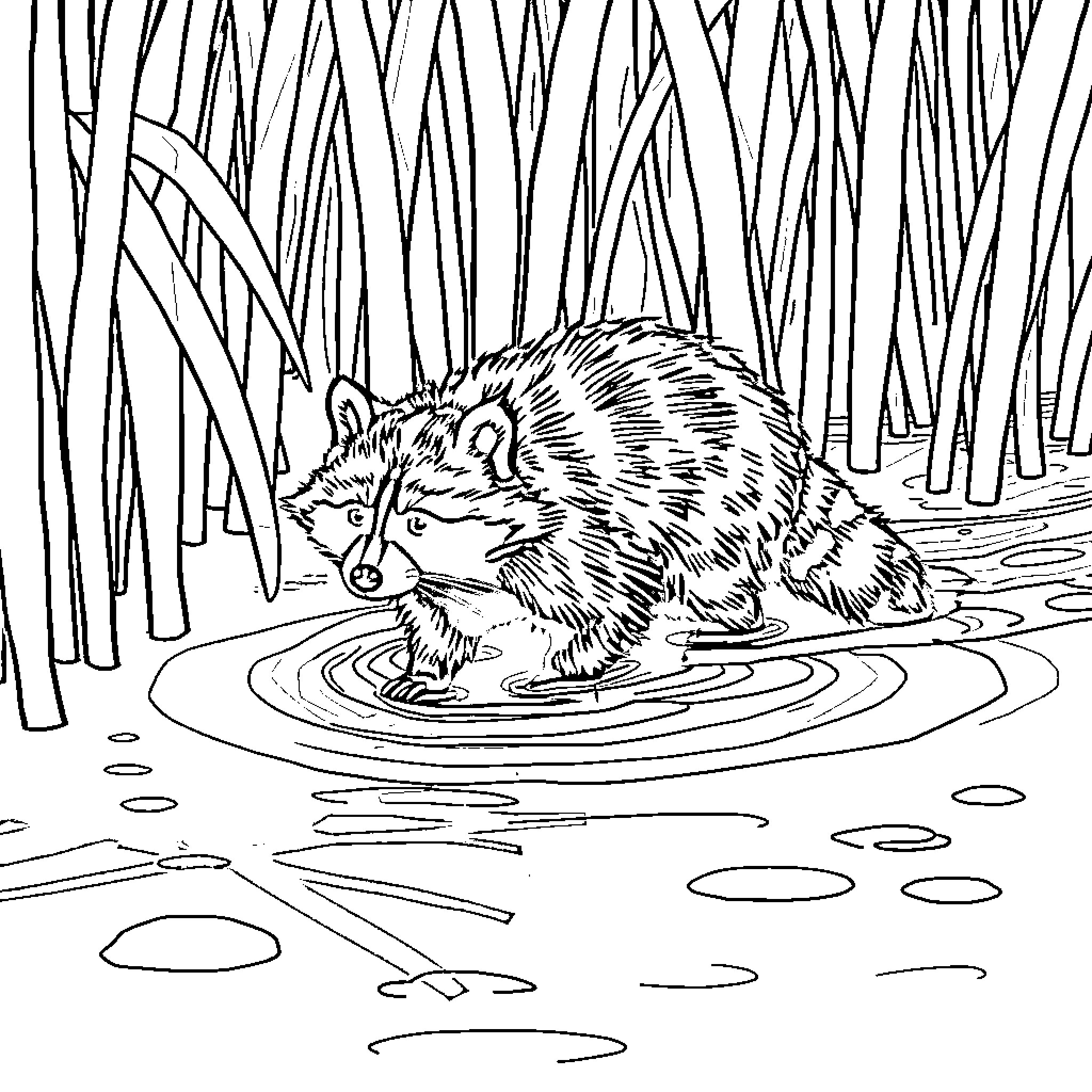 Raccoon wading in the water near the reeds Coloring Page (free black-and-white line drawing printable PDF for all, from beginners to advanced learners, including children, teens, adults, and seniors)