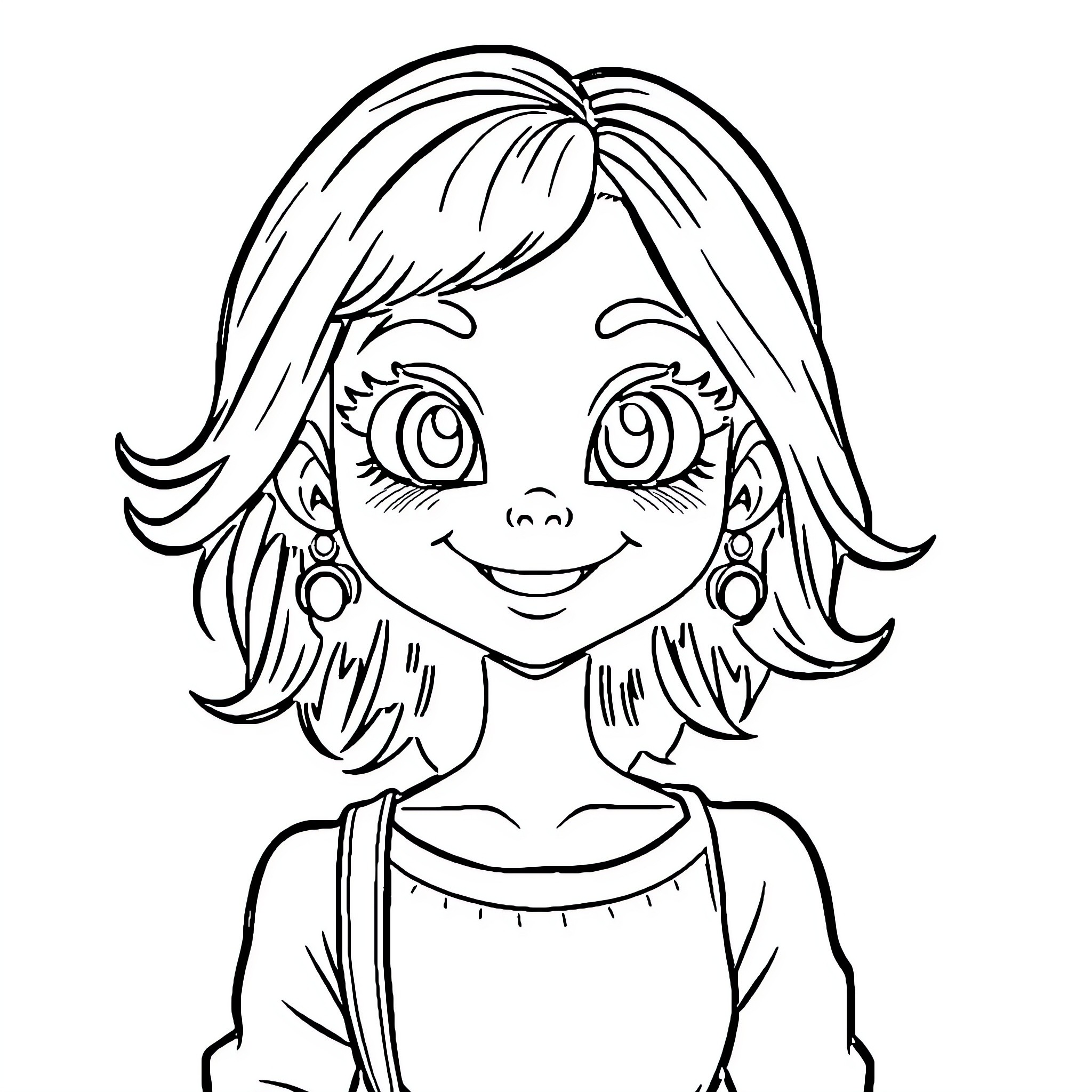 Girl with Joyful Expression and Vibrant Hairstyle Coloring Page (free black-and-white line drawing printable PDF for all, from beginners to advanced learners, including children, teens, adults, and seniors)