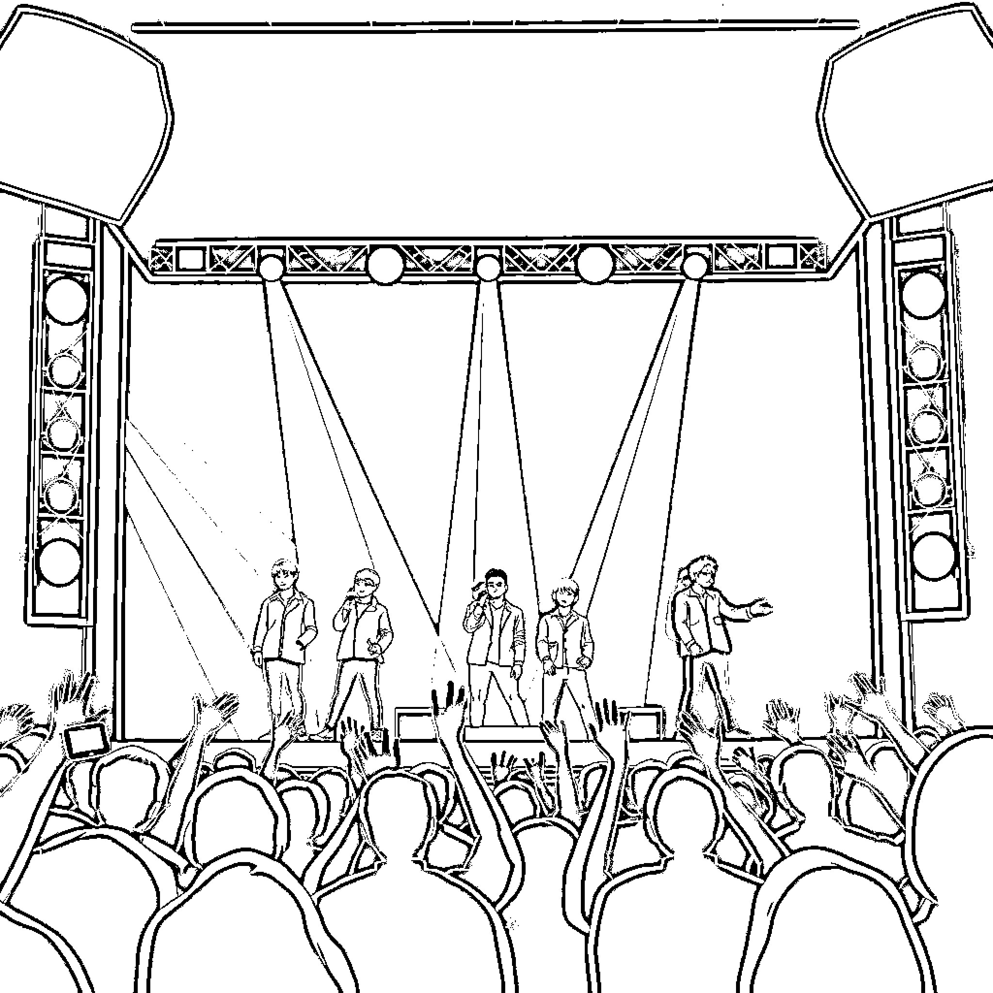 BTS performing on stage with crowd Coloring Page (free black-and-white line drawing printable PDF for all, from beginners to advanced learners, including children, teens, adults, and seniors)