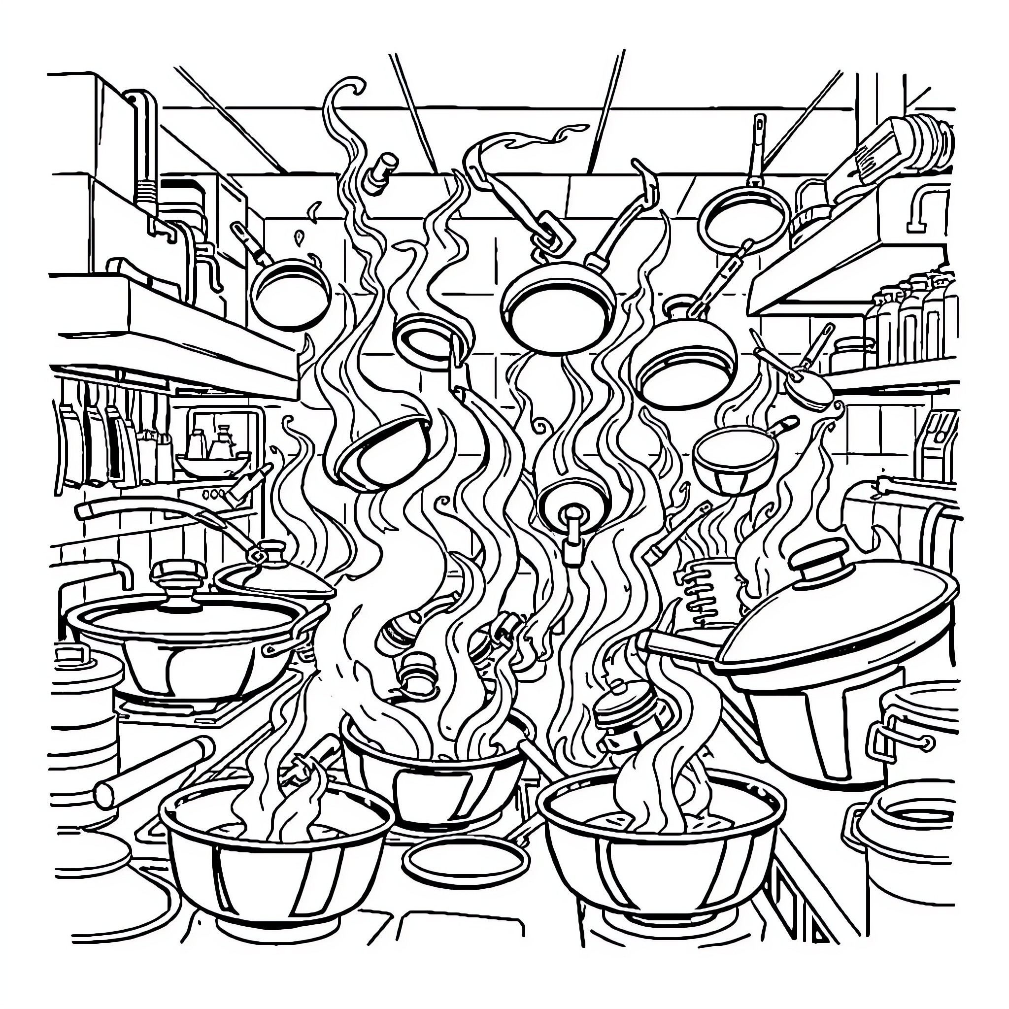 Kitchen of Chaos: Pots, Pans, and Culinary Commotion Coloring Page (free black-and-white line drawing printable PDF for all, from beginners to advanced learners, including children, teens, adults, and seniors)