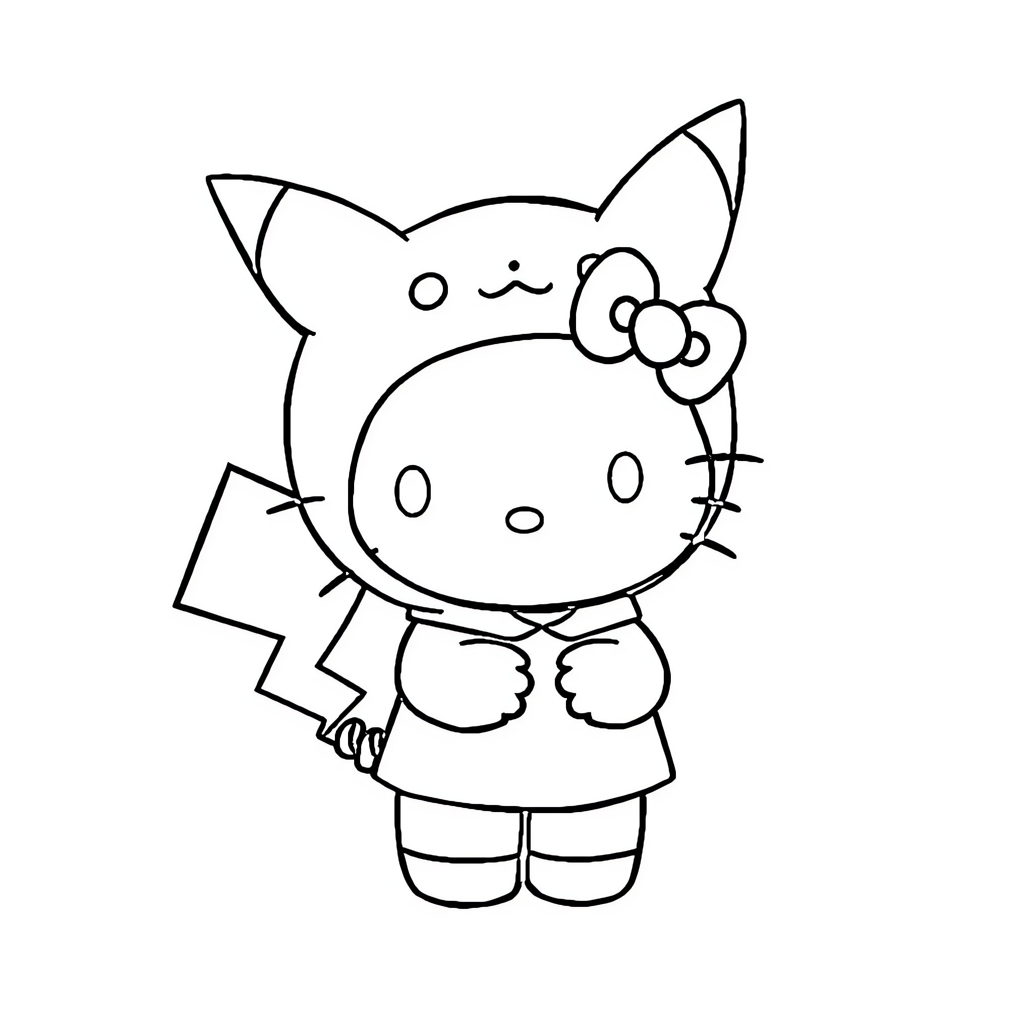 Hello Kitty in cute attire with bow Coloring Page (free black-and-white line drawing printable PDF for all, from beginners to advanced learners, including children, teens, adults, and seniors)