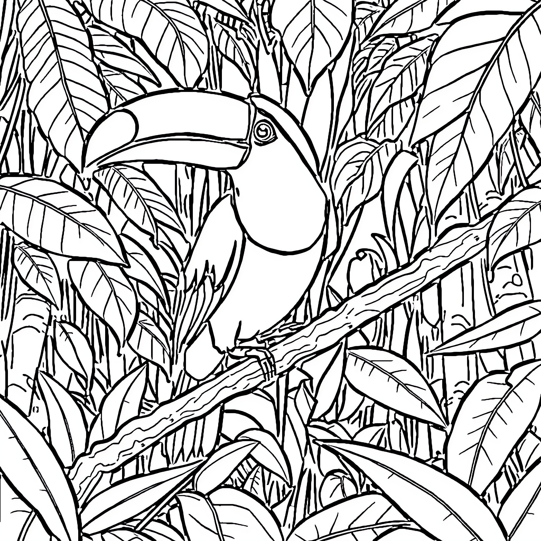 Toucan perched amid lush tropical foliage Coloring Page (free black-and-white line drawing printable PDF for all, from beginners to advanced learners, including children, teens, adults, and seniors)