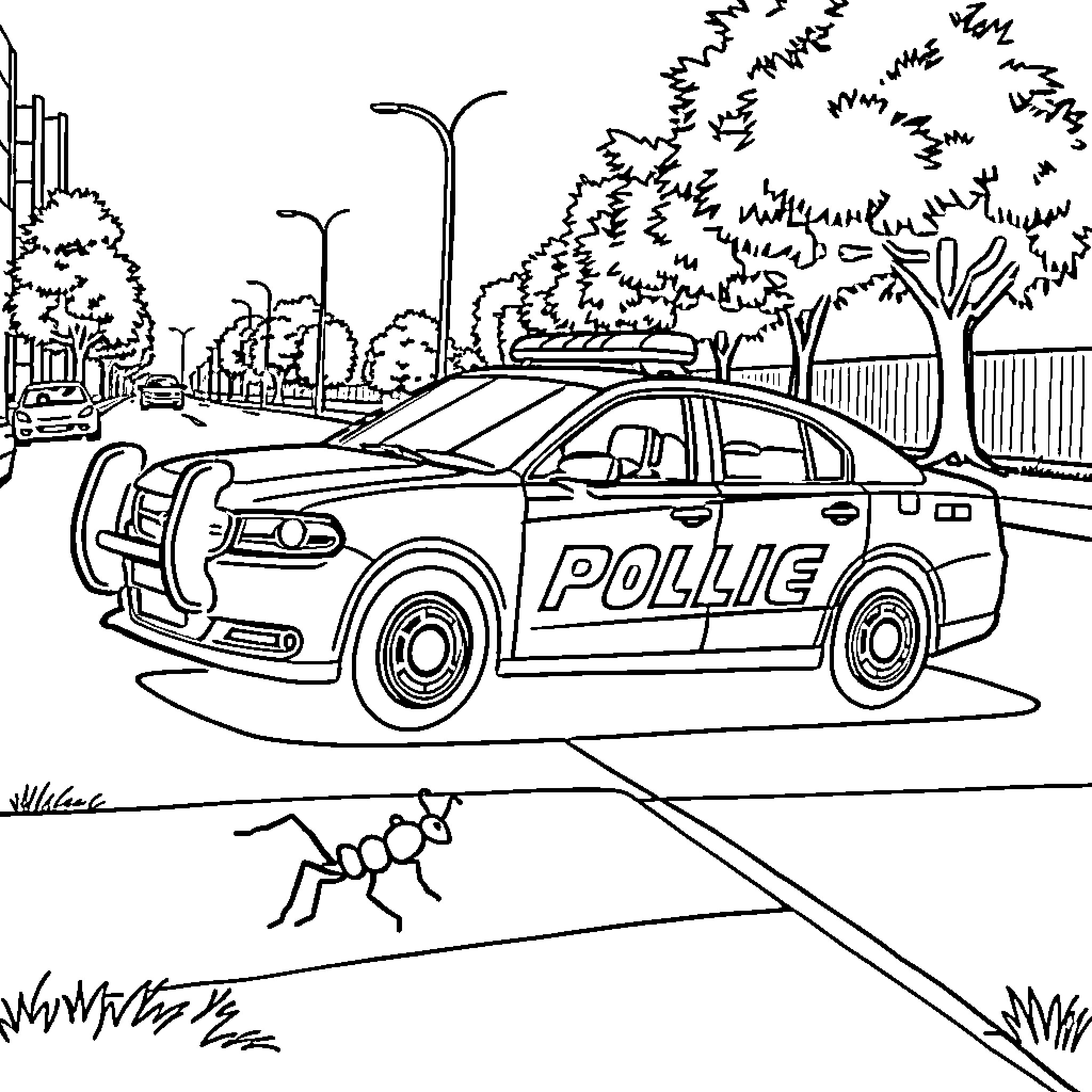 Police Car on Patrol in Urban Environment Coloring Page (free black-and-white line drawing printable PDF for all, from beginners to advanced learners, including children, teens, adults, and seniors)