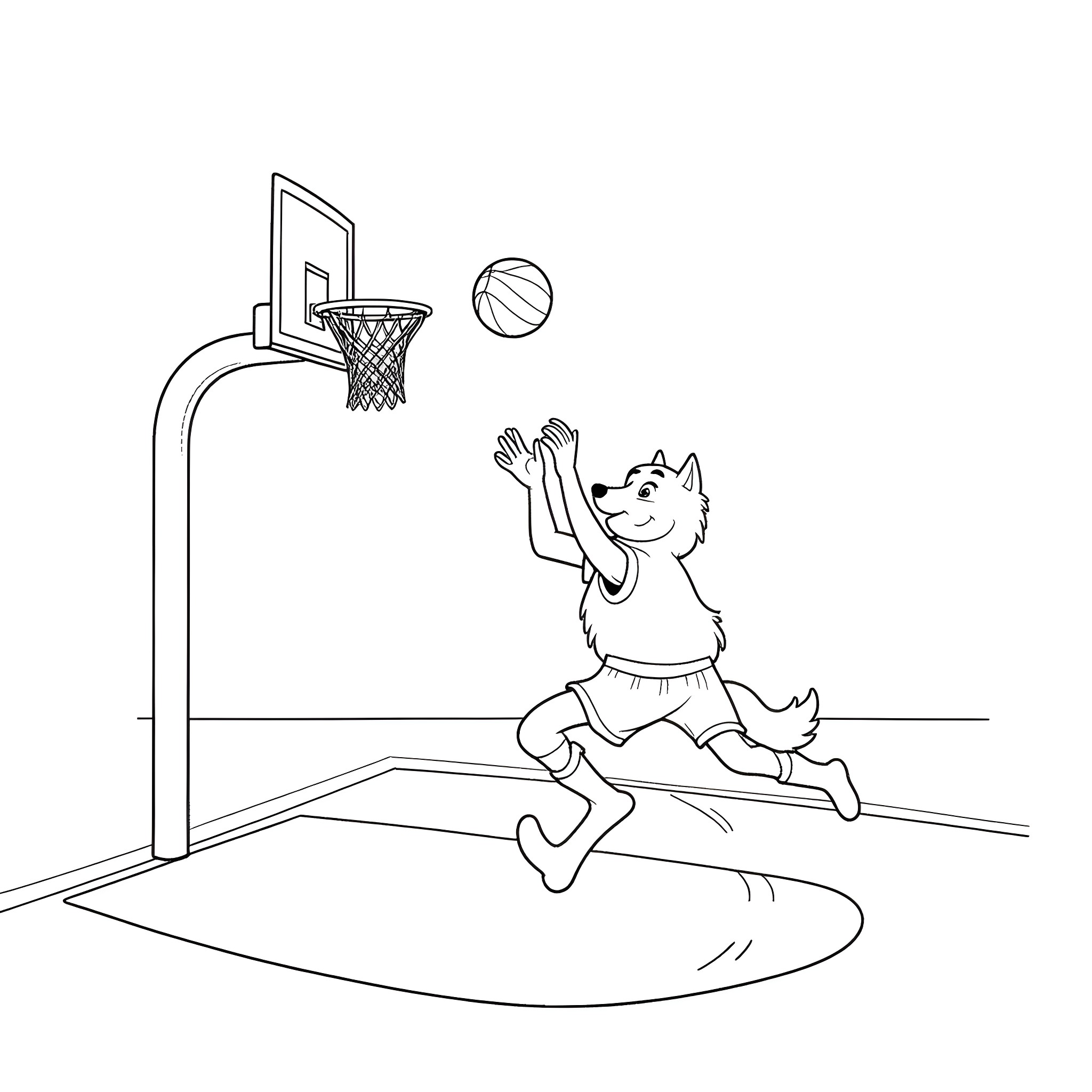 Wolf playing basketball on a court Coloring Page (free black-and-white line drawing printable PDF for all, from beginners to advanced learners, including children, teens, adults, and seniors)