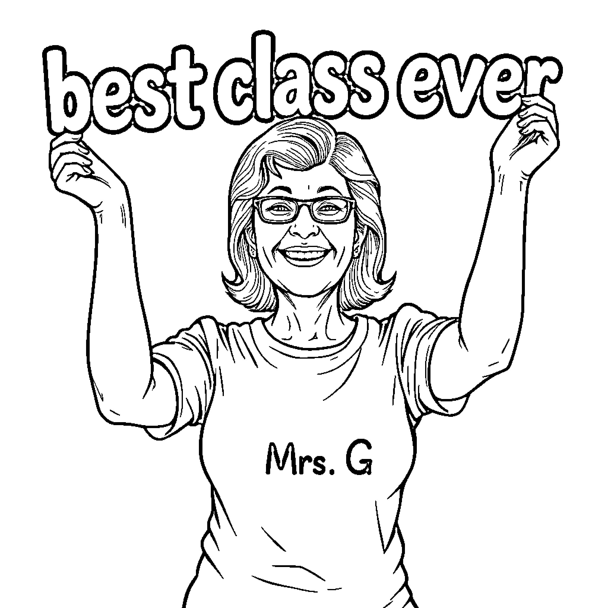 Woman celebrating as the best class ever Coloring Page (free black-and-white line drawing printable PDF for all, from beginners to advanced learners, including children, teens, adults, and seniors)