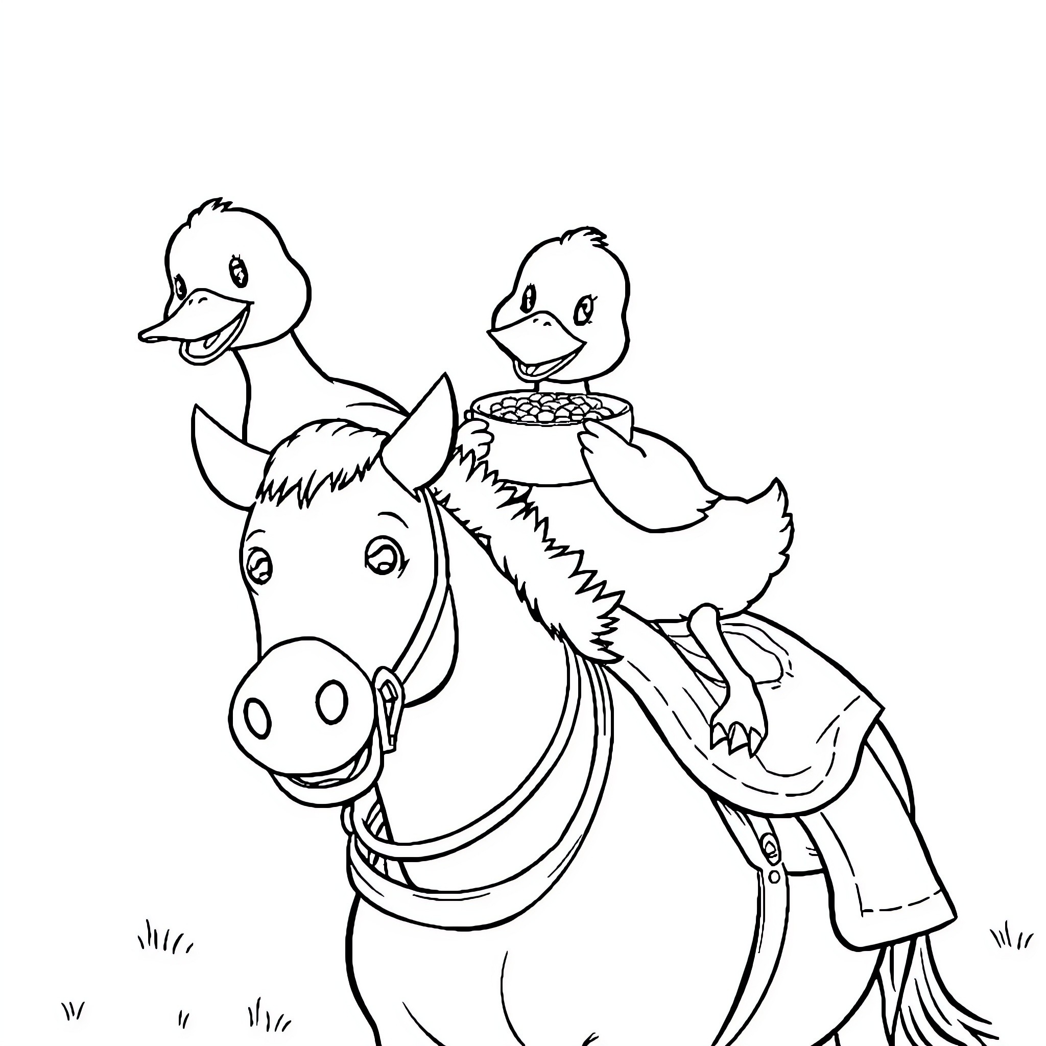 Duck Riding Joyful Horse with Friend Coloring Page (free black-and-white line drawing printable PDF for all, from beginners to advanced learners, including children, teens, adults, and seniors)