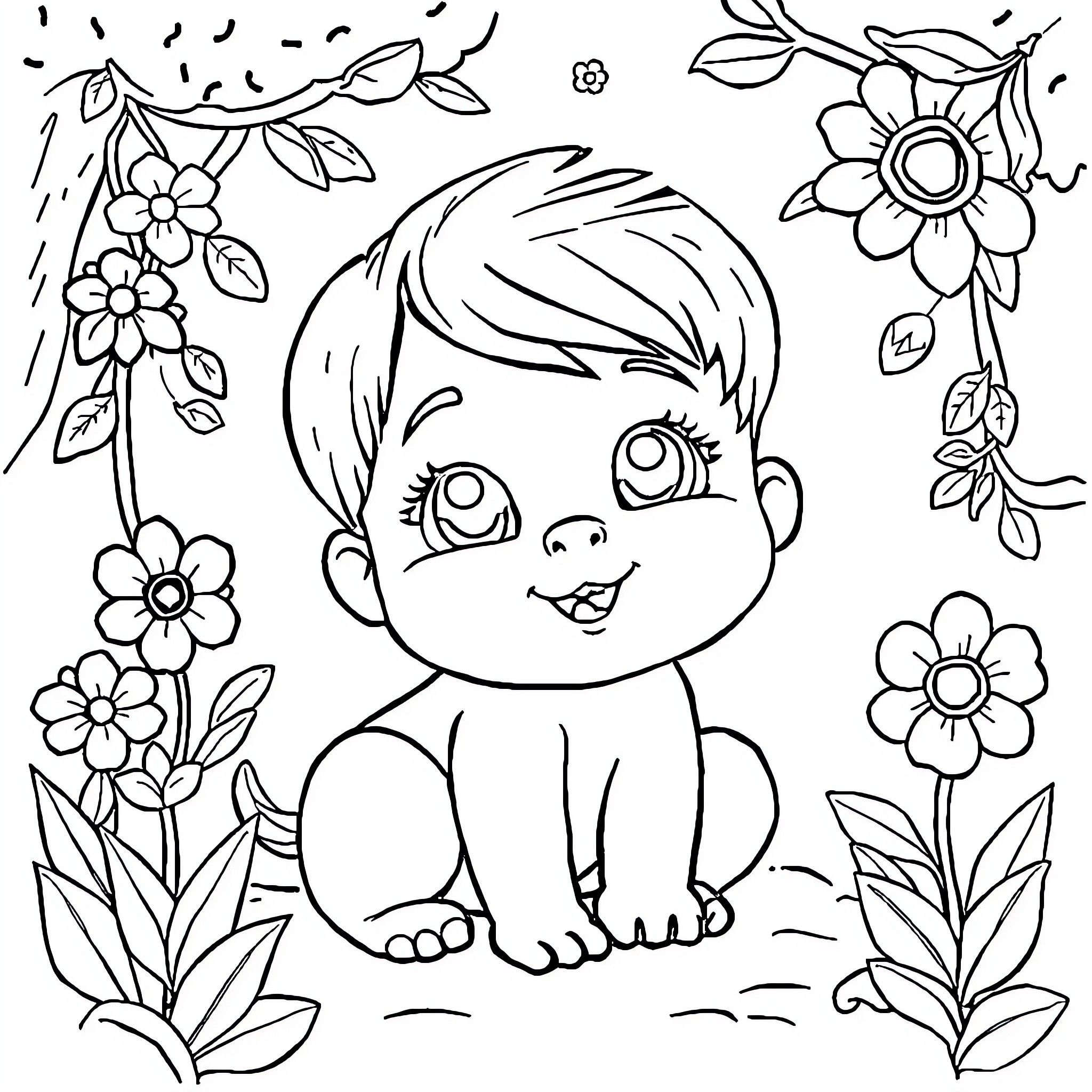 Book Featuring Adorable Child Surrounded by Flowers Coloring Page (free black-and-white line drawing printable PDF for all, from beginners to advanced learners, including children, teens, adults, and seniors)