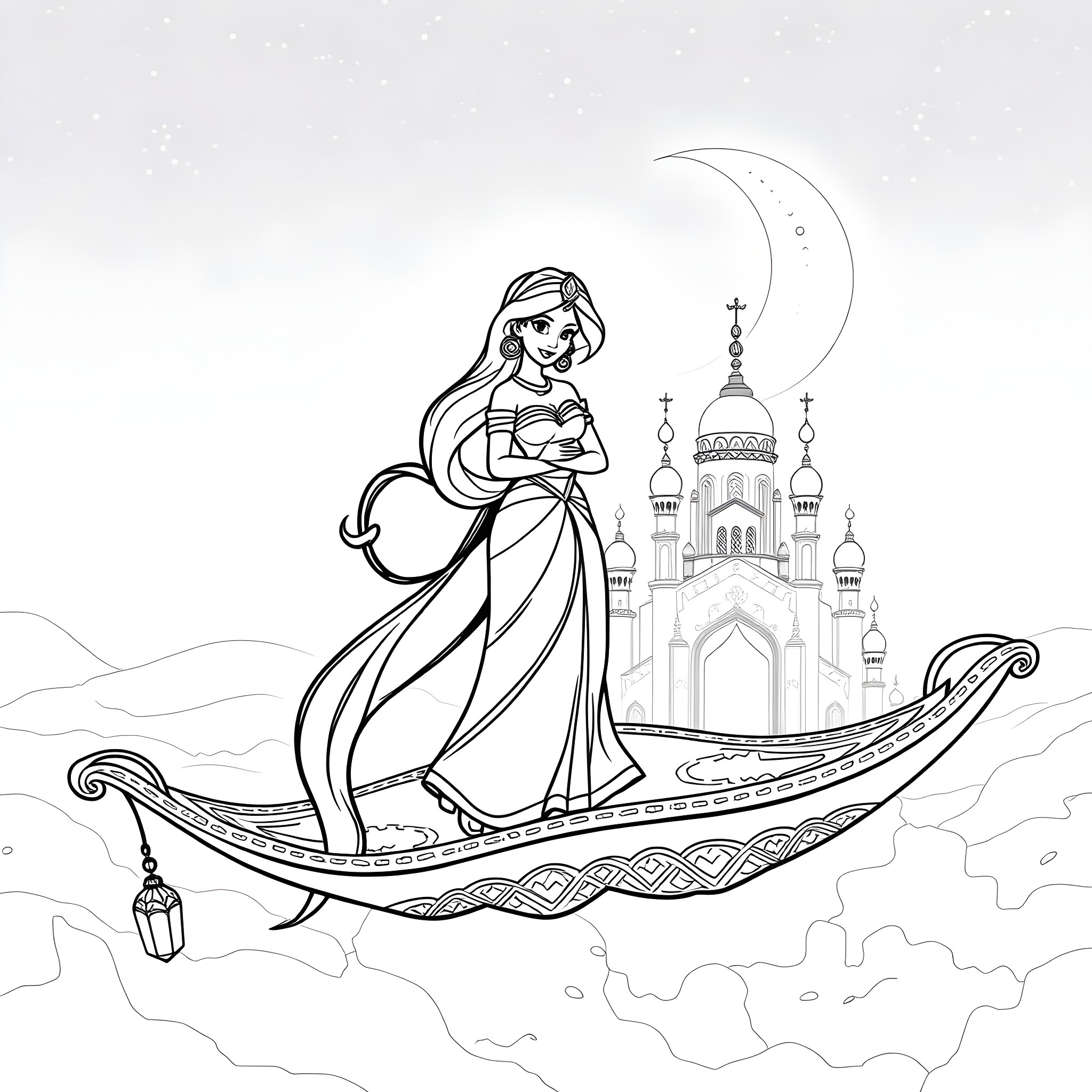Jasmine in a magical night ride on a boat Coloring Page (free black-and-white line drawing printable PDF for all, from beginners to advanced learners, including children, teens, adults, and seniors)