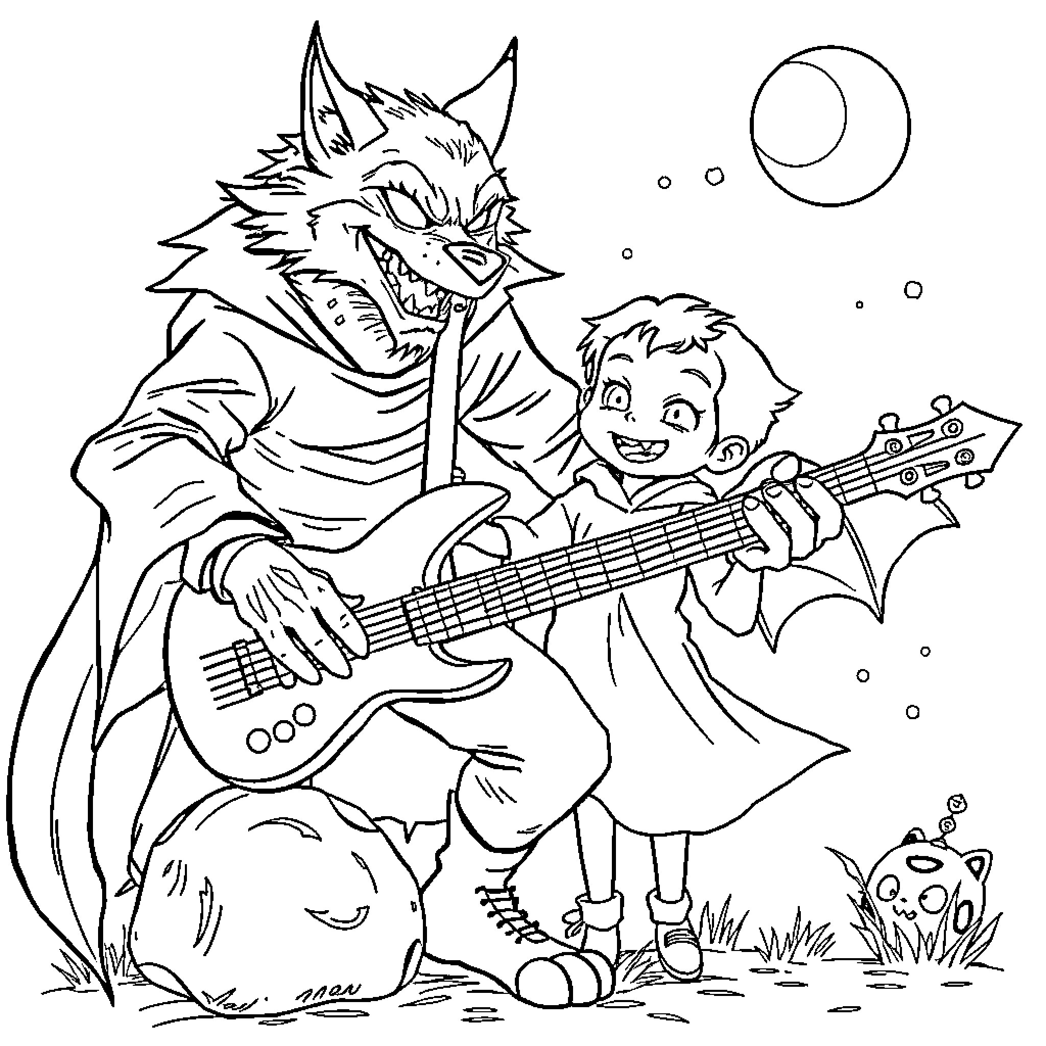 Hombre Lobo performs music with a young companion Coloring Page (free black-and-white line drawing printable PDF for all, from beginners to advanced learners, including children, teens, adults, and seniors)