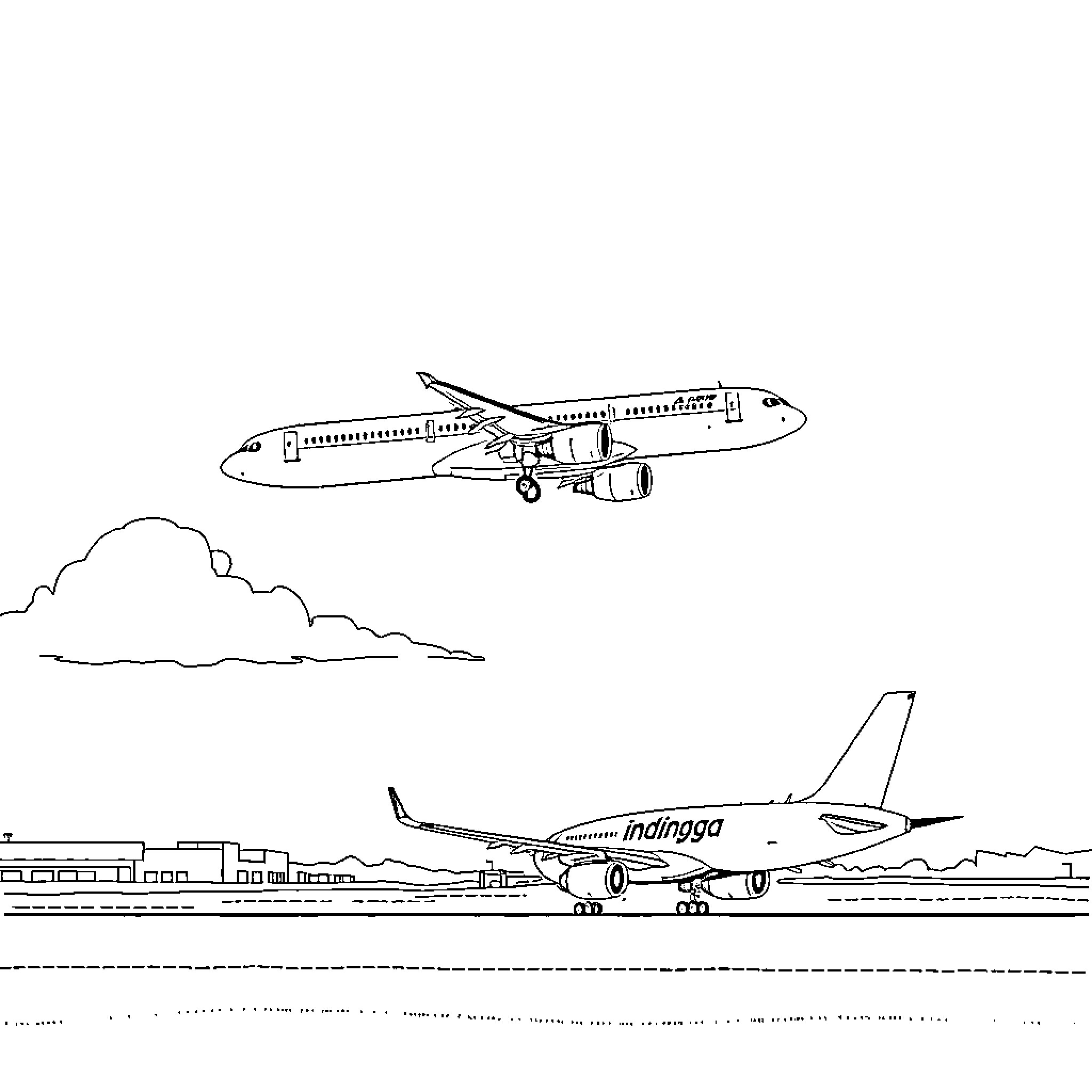 Aircraft taking off and landing on the runway Coloring Page (free black-and-white line drawing printable PDF for all, from beginners to advanced learners, including children, teens, adults, and seniors)