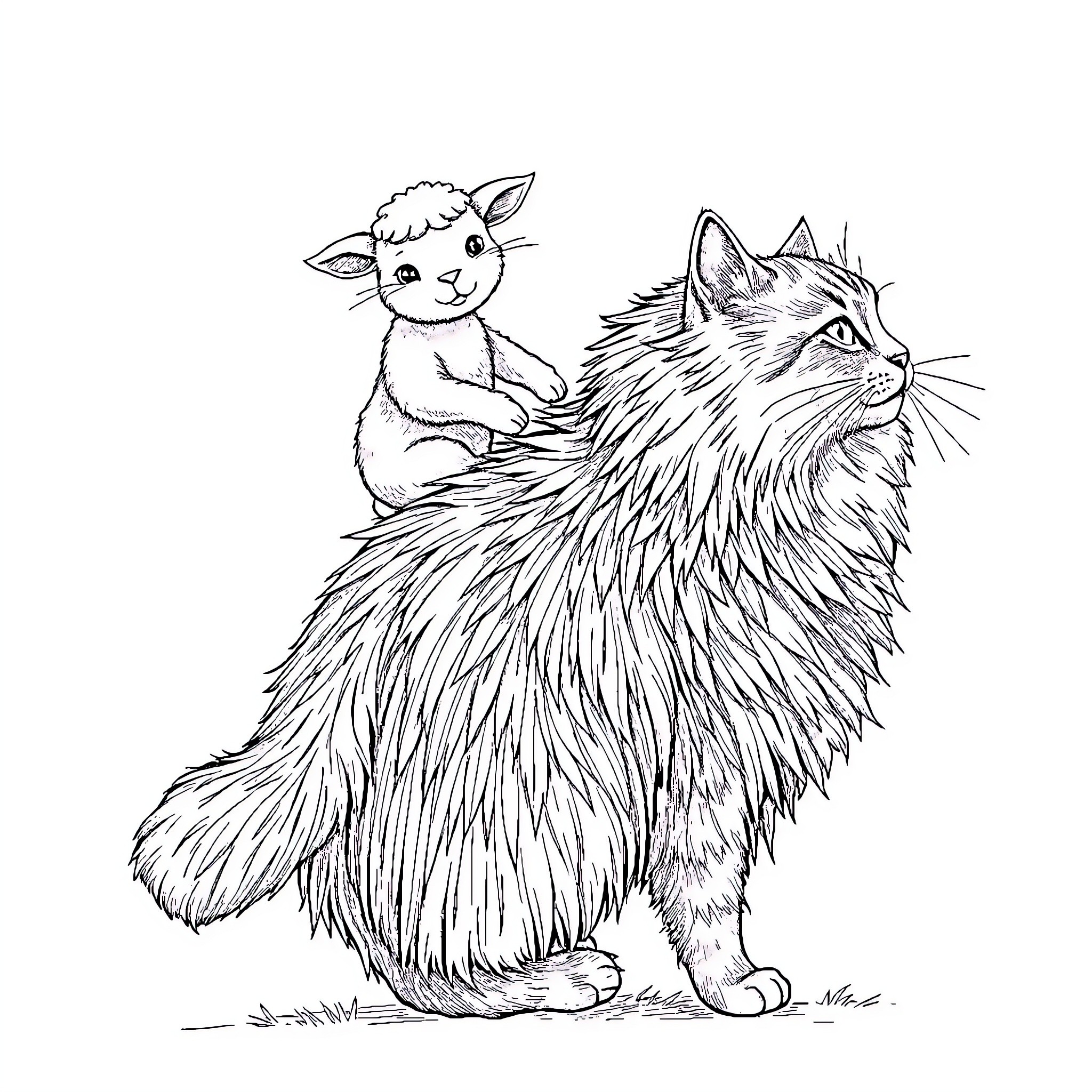 Lamb playing atop a fluffy cat Coloring Page (free black-and-white line drawing printable PDF for all, from beginners to advanced learners, including children, teens, adults, and seniors)