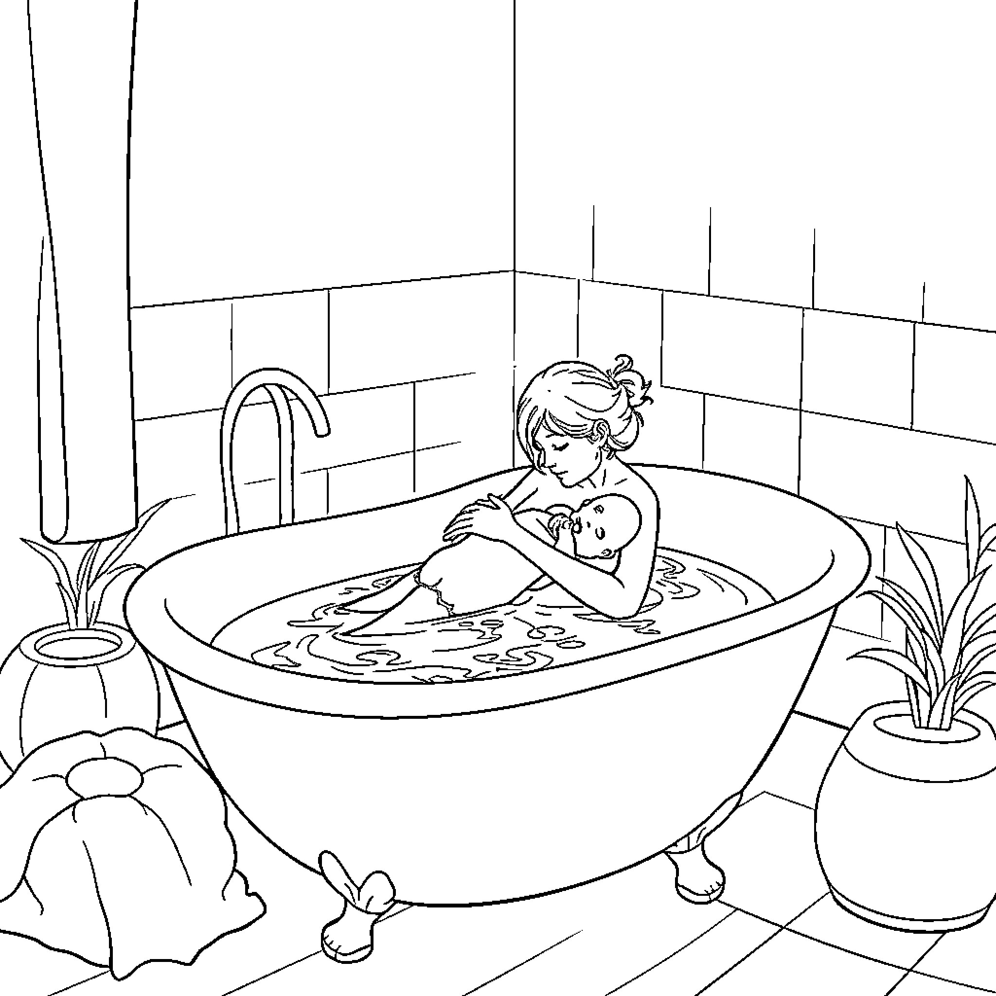 Woman caring for baby in bathtub Coloring Page (free black-and-white line drawing printable PDF for all, from beginners to advanced learners, including children, teens, adults, and seniors)