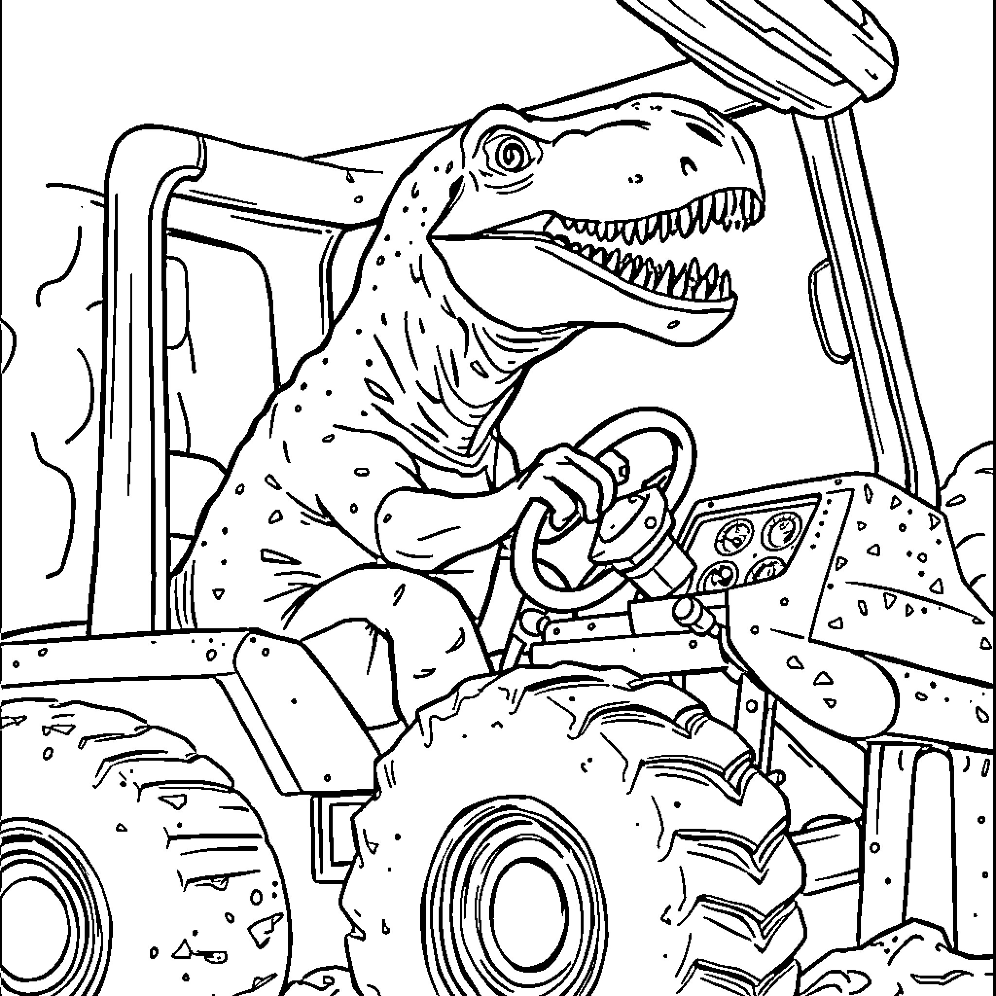 Dinosaur driving a rugged vehicle Coloring Page (free black-and-white line drawing printable PDF for all, from beginners to advanced learners, including children, teens, adults, and seniors)
