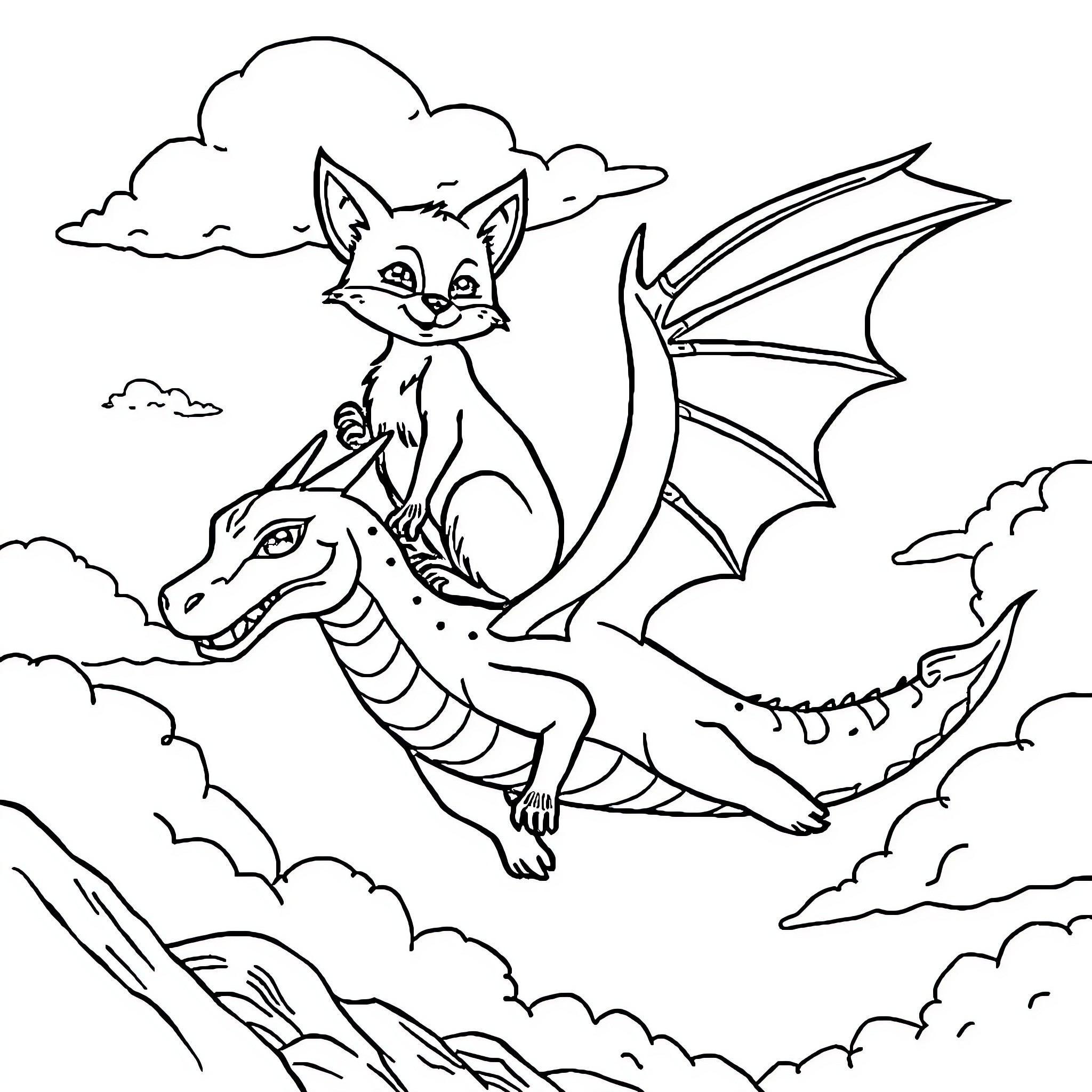 Fox riding a dragon in the clouds Coloring Page (free black-and-white line drawing printable PDF for all, from beginners to advanced learners, including children, teens, adults, and seniors)