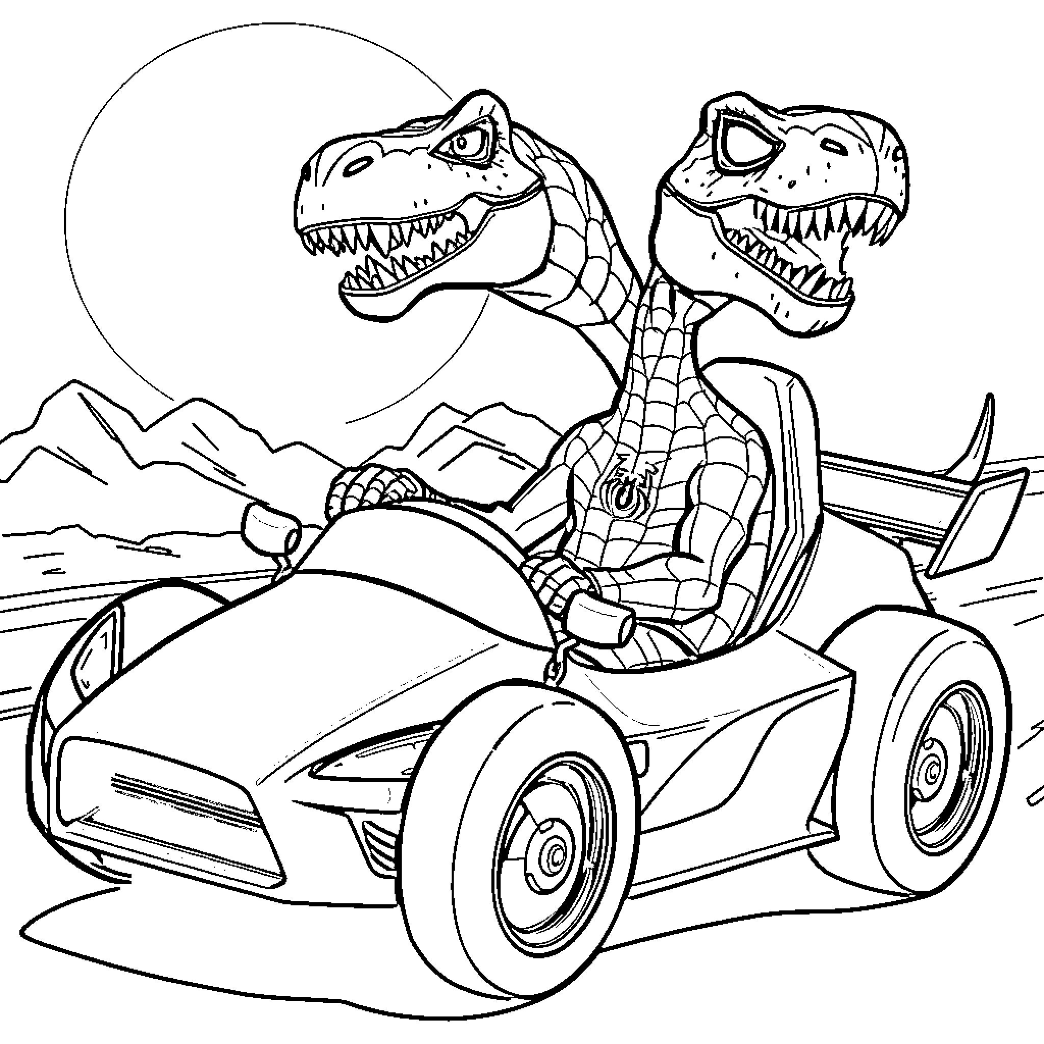 Spider-Man Dinosaurs Racing in Futuristic Vehicle Coloring Page (free black-and-white line drawing printable PDF for all, from beginners to advanced learners, including children, teens, adults, and seniors)