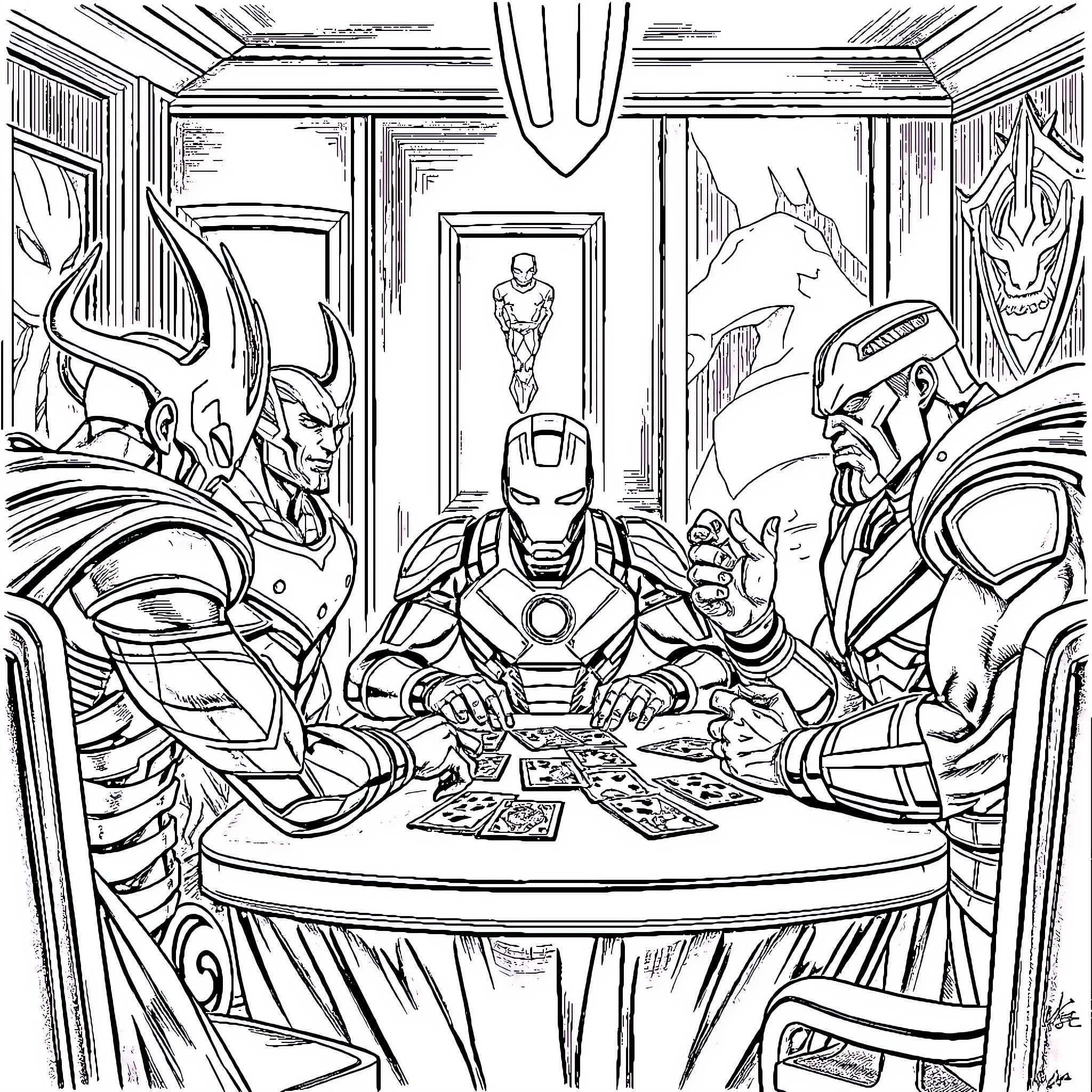 Ironman's strategic meeting with superhero allies Coloring Page (free black-and-white line drawing printable PDF for all, from beginners to advanced learners, including children, teens, adults, and seniors)
