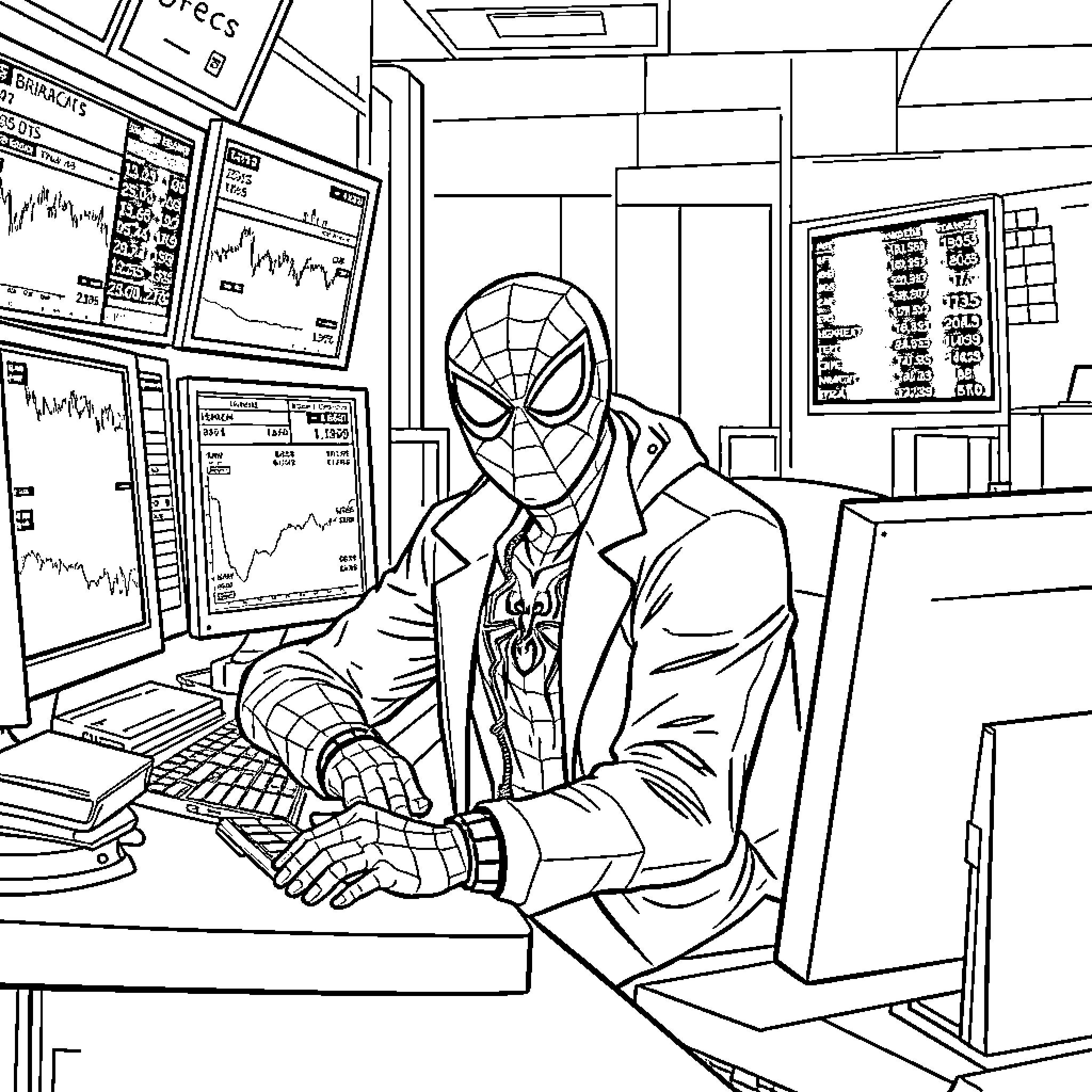 Spiderman working diligently in front of computer screens Coloring Page (free black-and-white line drawing printable PDF for all, from beginners to advanced learners, including children, teens, adults, and seniors)
