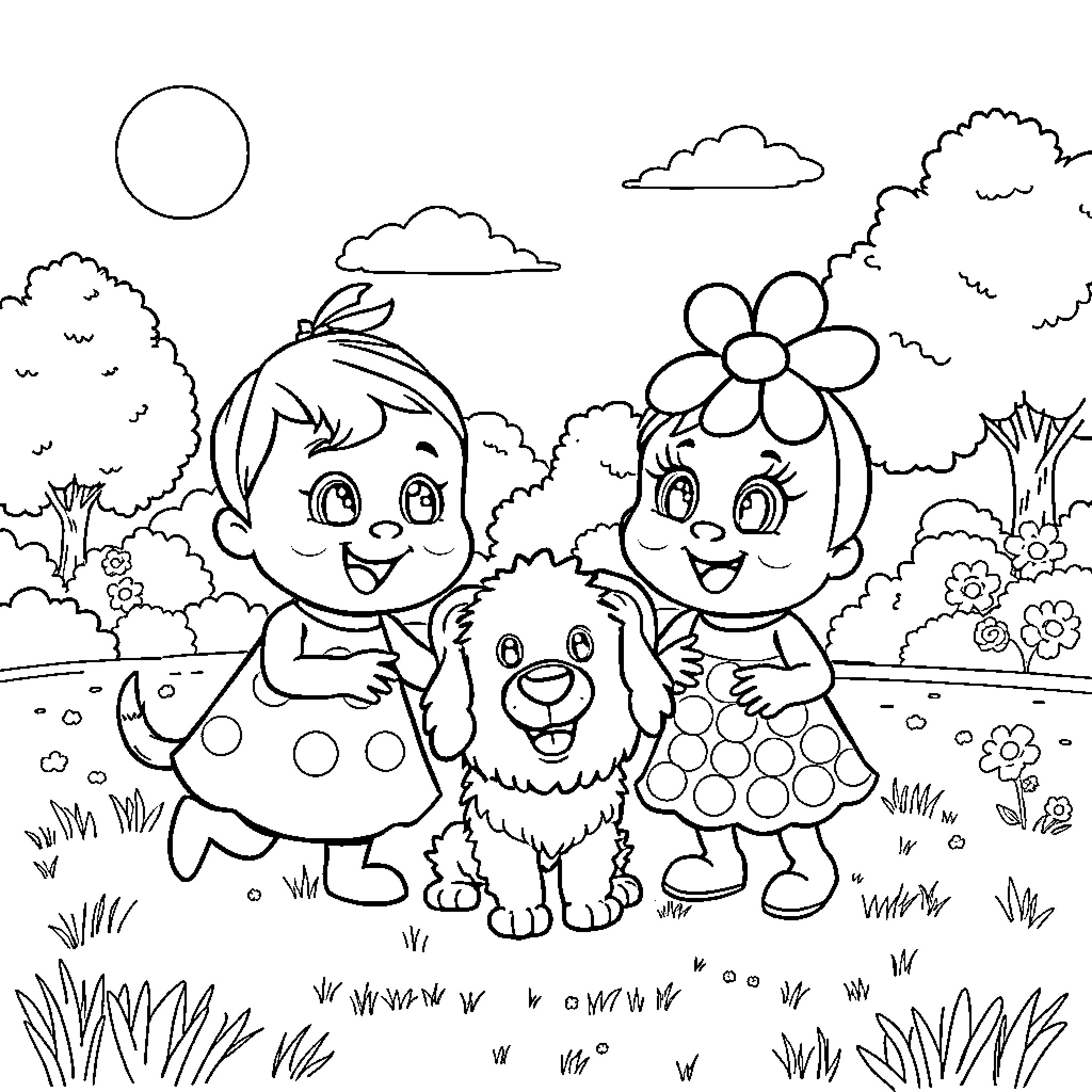 Iggle Piggle playing happily with friends in the park Coloring Page (free black-and-white line drawing printable PDF for all, from beginners to advanced learners, including children, teens, adults, and seniors)