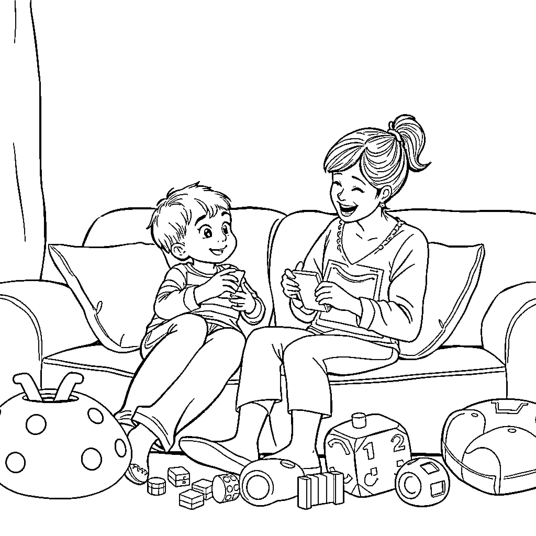 Aunt Reads to Child on the Couch Coloring Page (free black-and-white line drawing printable PDF for all, from beginners to advanced learners, including children, teens, adults, and seniors)