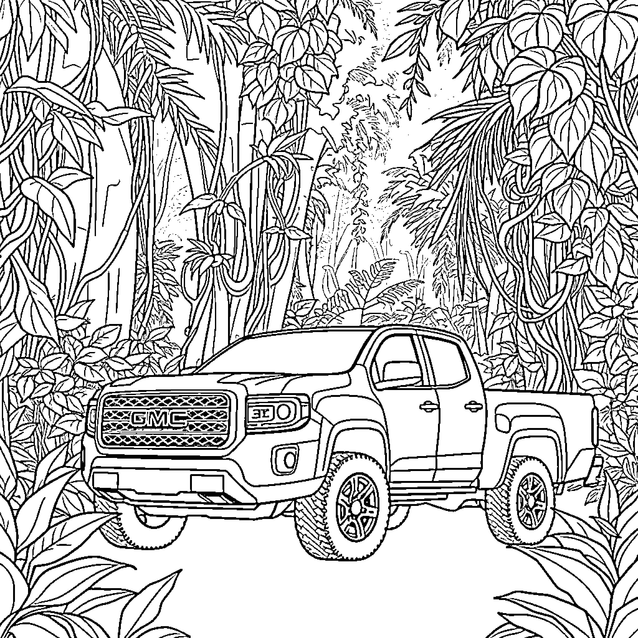 GMC Canyon traversing through a lush tropical forest Coloring Page (free black-and-white line drawing printable PDF for all, from beginners to advanced learners, including children, teens, adults, and seniors)