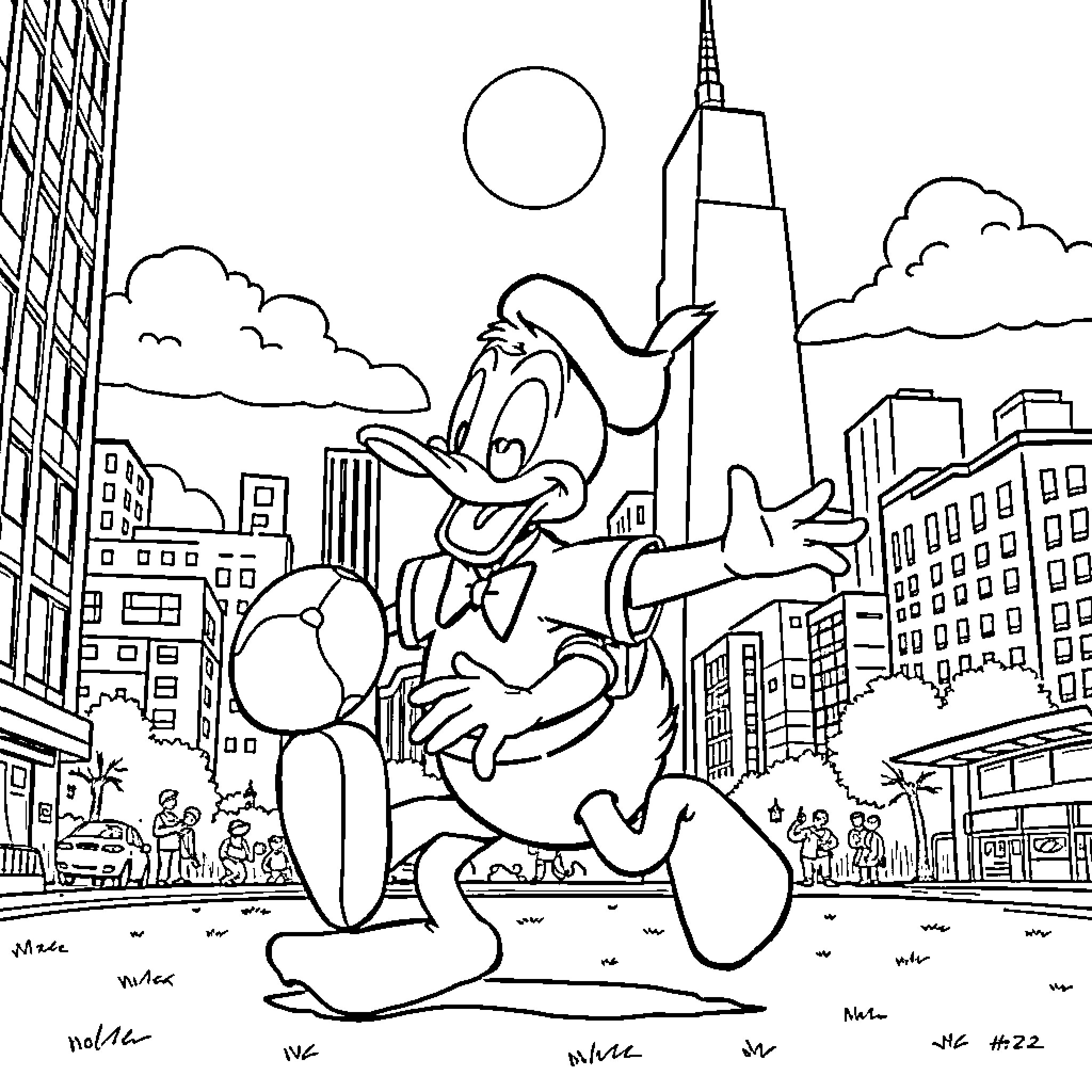 Donald Duck exploring the city skyline Coloring Page (free black-and-white line drawing printable PDF for all, from beginners to advanced learners, including children, teens, adults, and seniors)