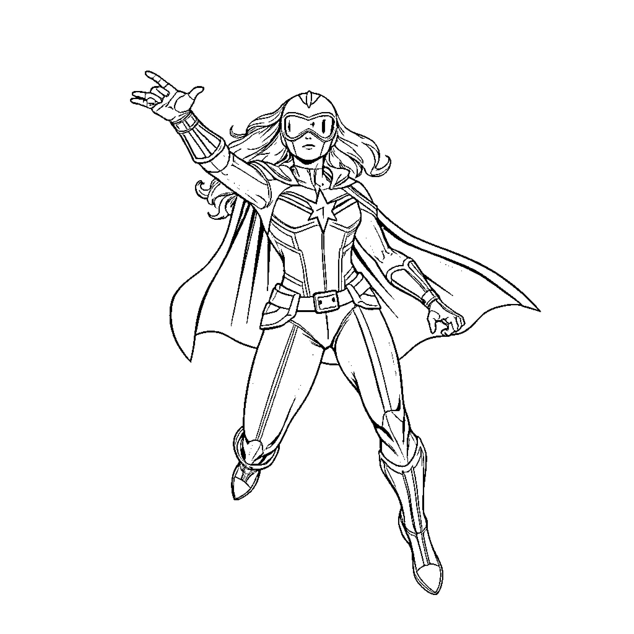 Captain Marvel in heroic pose with flying cape Coloring Page (free black-and-white line drawing printable PDF for all, from beginners to advanced learners, including children, teens, adults, and seniors)