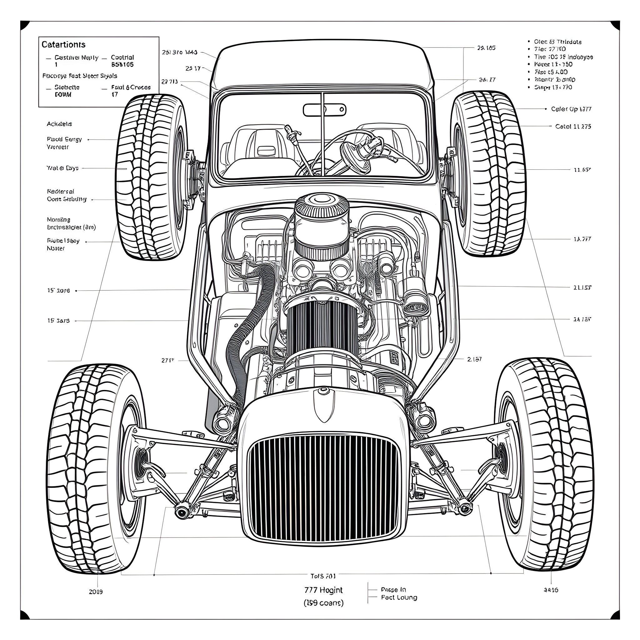Hotrod with detailed engine and chassis schematics Coloring Page (free black-and-white line drawing printable PDF for all, from beginners to advanced learners, including children, teens, adults, and seniors)