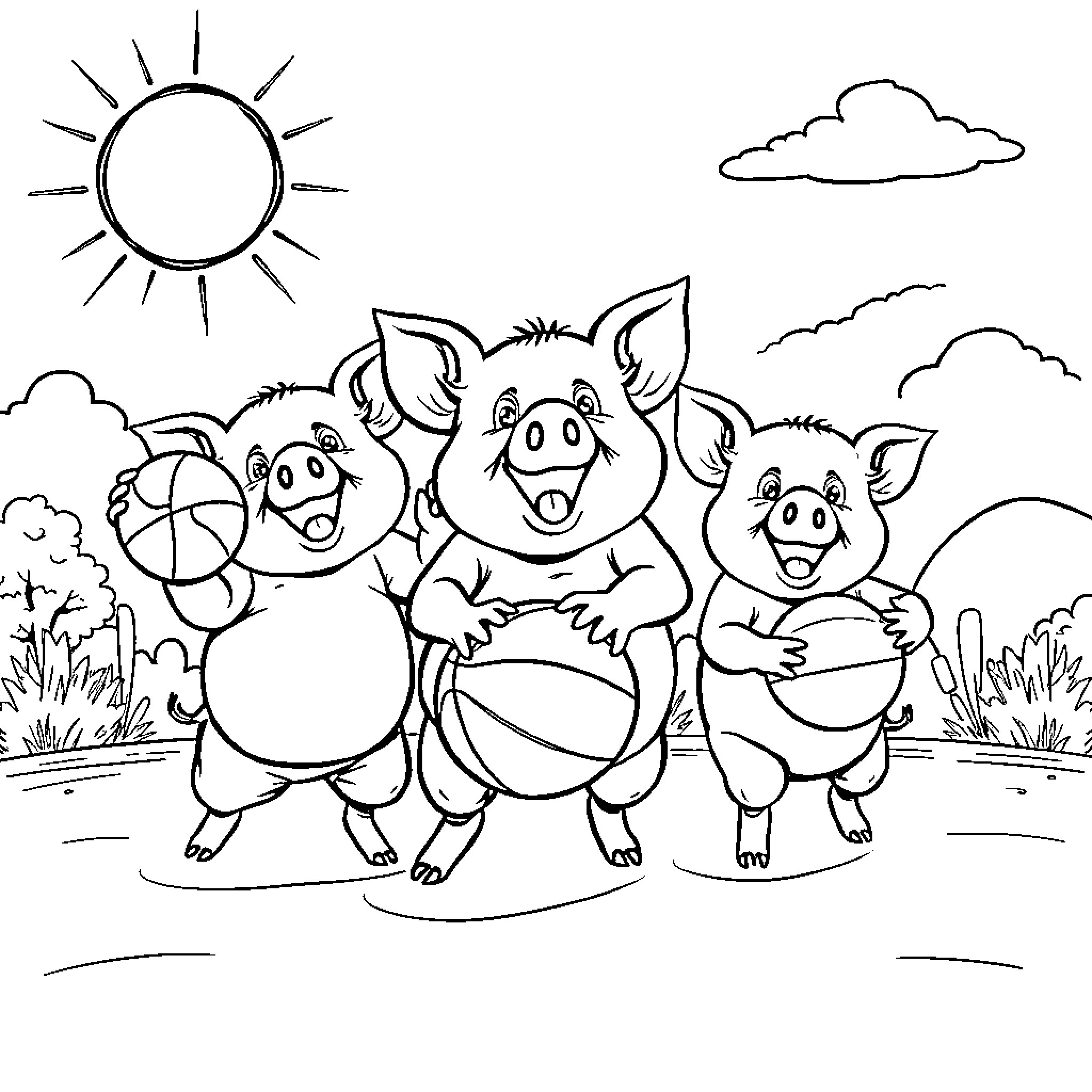 Pigs playing happily in the sun Coloring Page (free black-and-white line drawing printable PDF for all, from beginners to advanced learners, including children, teens, adults, and seniors)