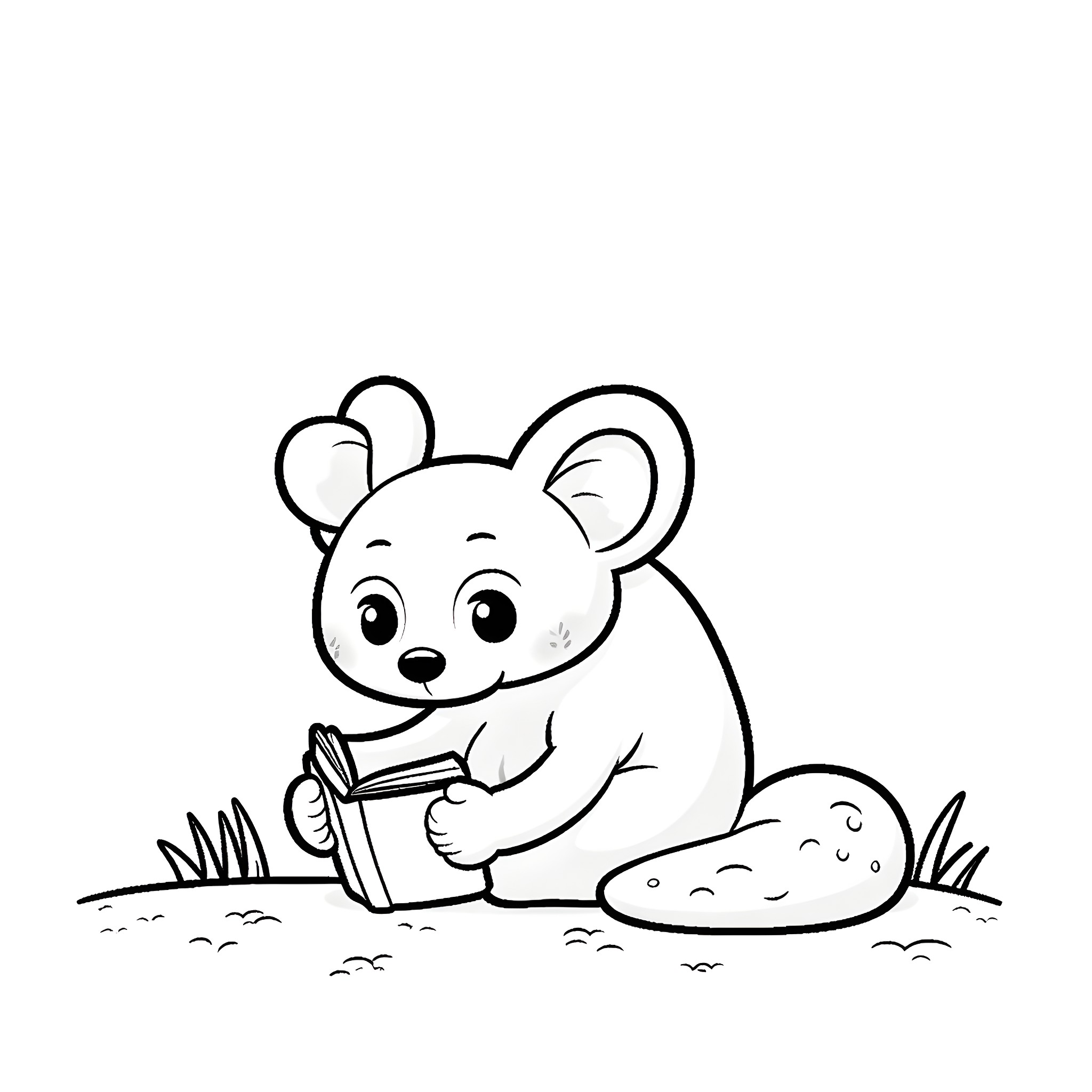 Panda reading a book in the field Coloring Page (free black-and-white line drawing printable PDF for all, from beginners to advanced learners, including children, teens, adults, and seniors)