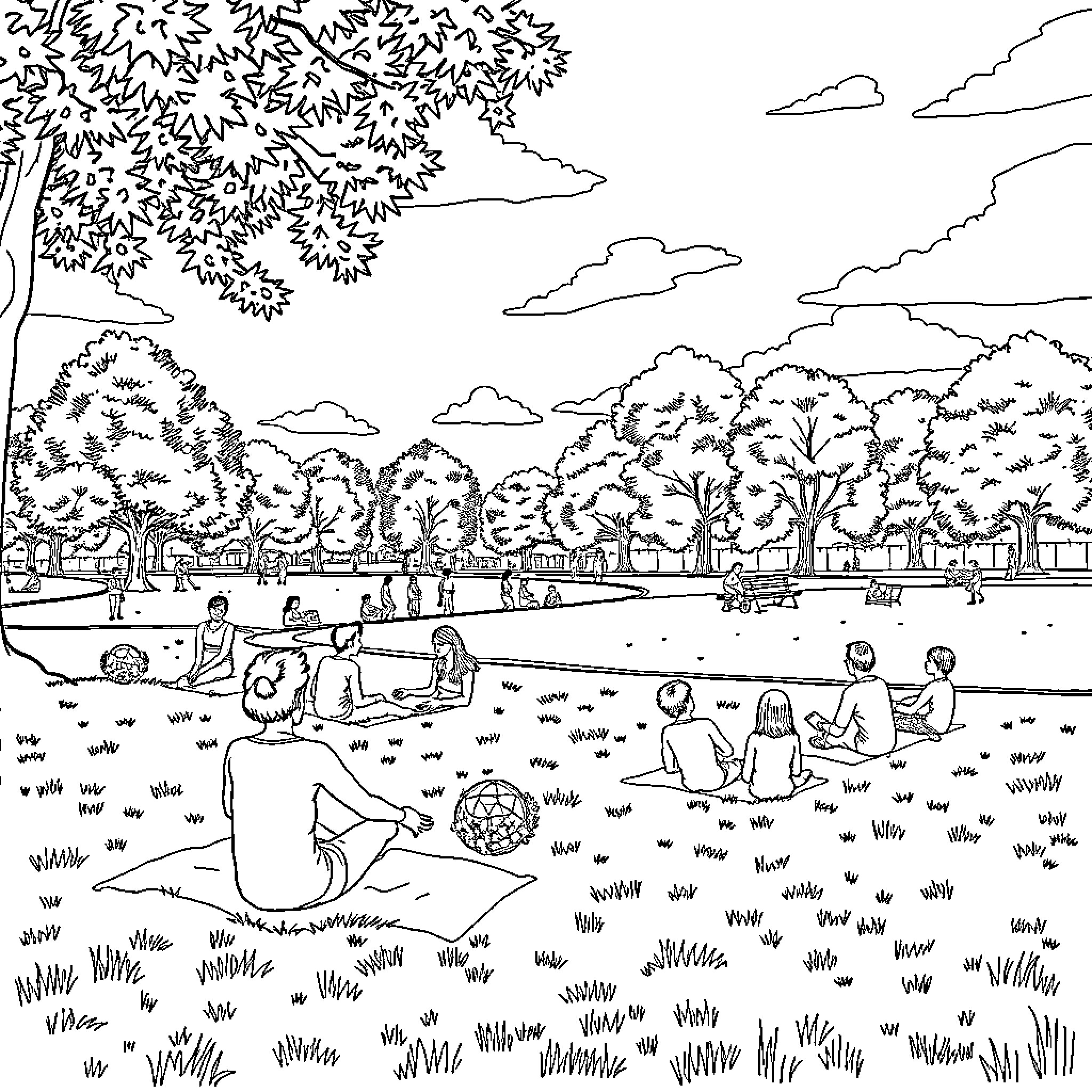 Person enjoying outdoor recreation in tranquil park setting Coloring Page (free black-and-white line drawing printable PDF for all, from beginners to advanced learners, including children, teens, adults, and seniors)