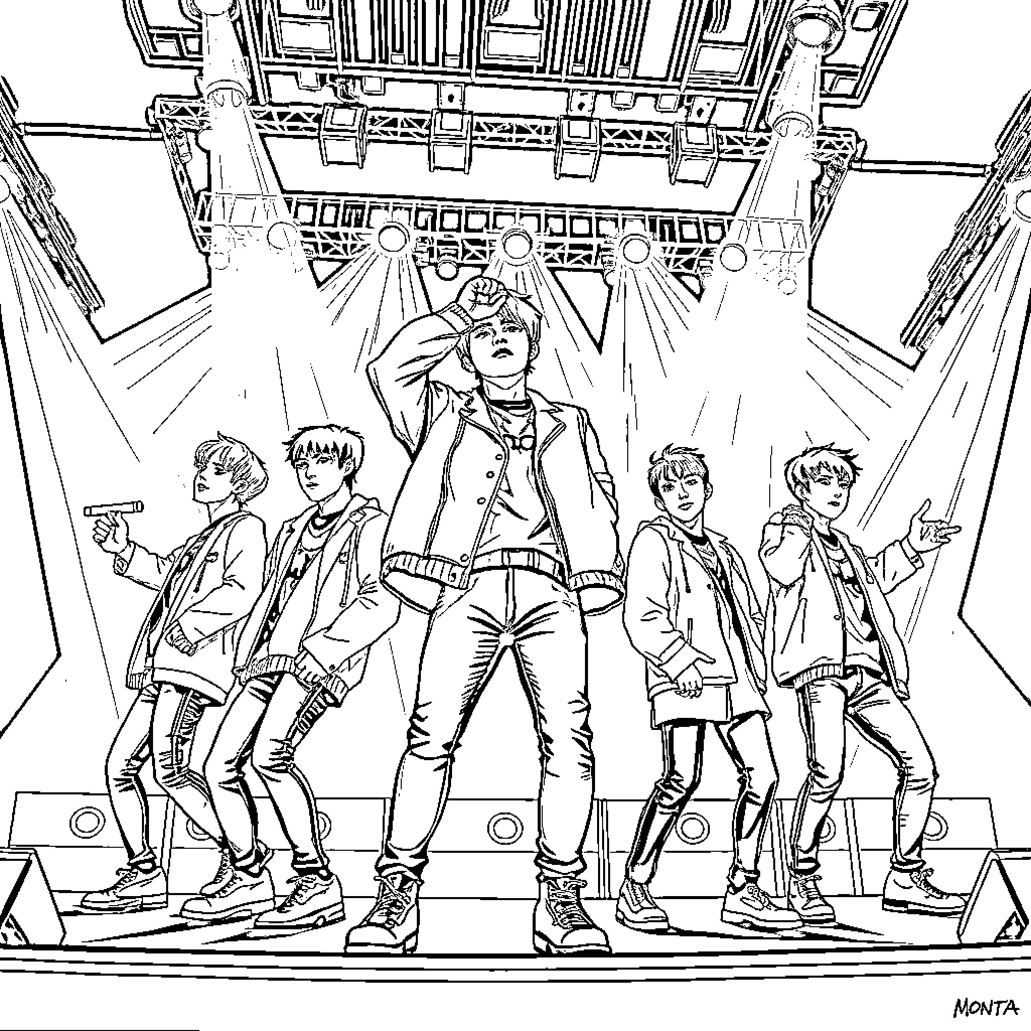 Monsta X performing on stage with energy and style Coloring Page (free black-and-white line drawing printable PDF for all, from beginners to advanced learners, including children, teens, adults, and seniors)