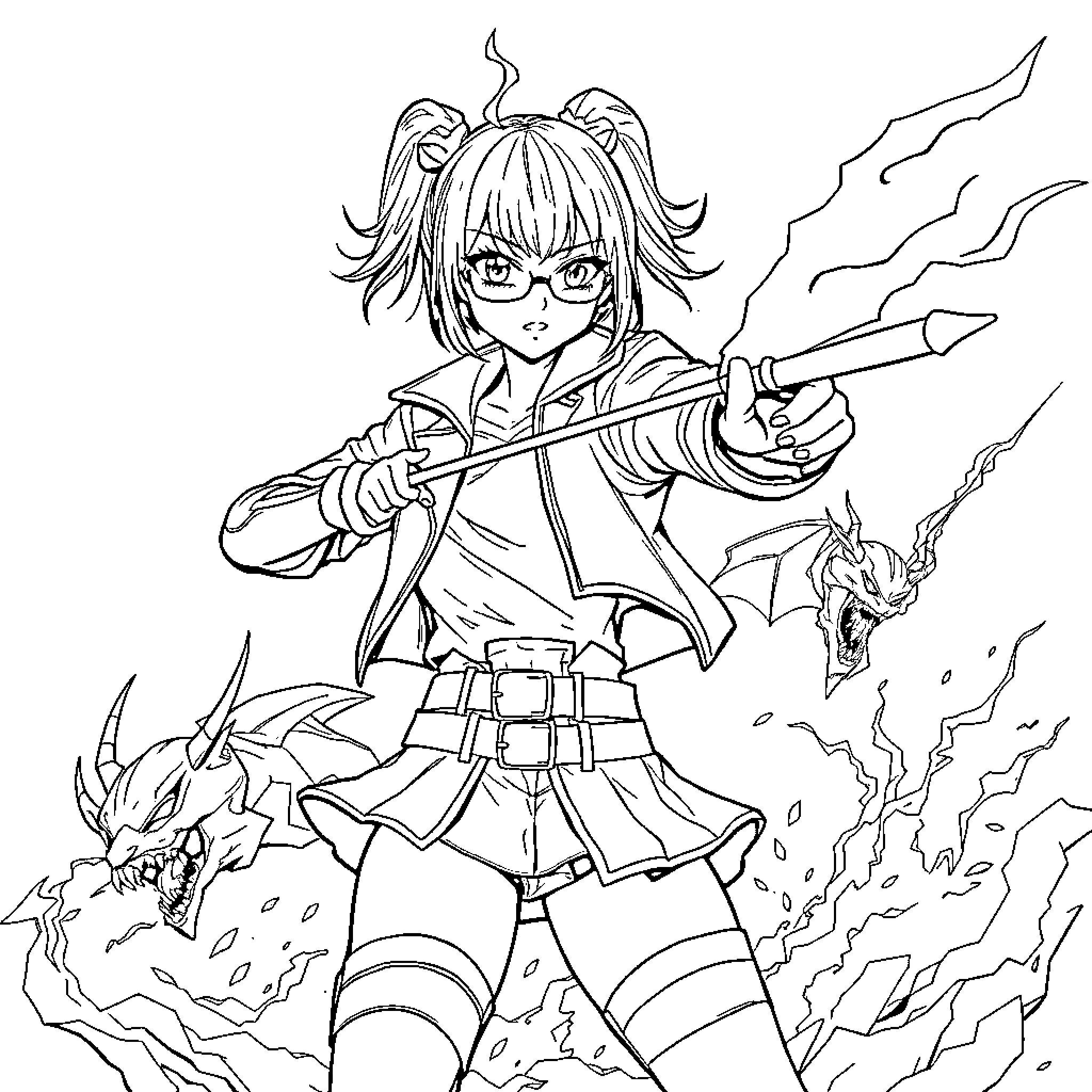 Demon Hunter Brandishing Weapon Amidst Magical Chaos Coloring Page (free black-and-white line drawing printable PDF for all, from beginners to advanced learners, including children, teens, adults, and seniors)