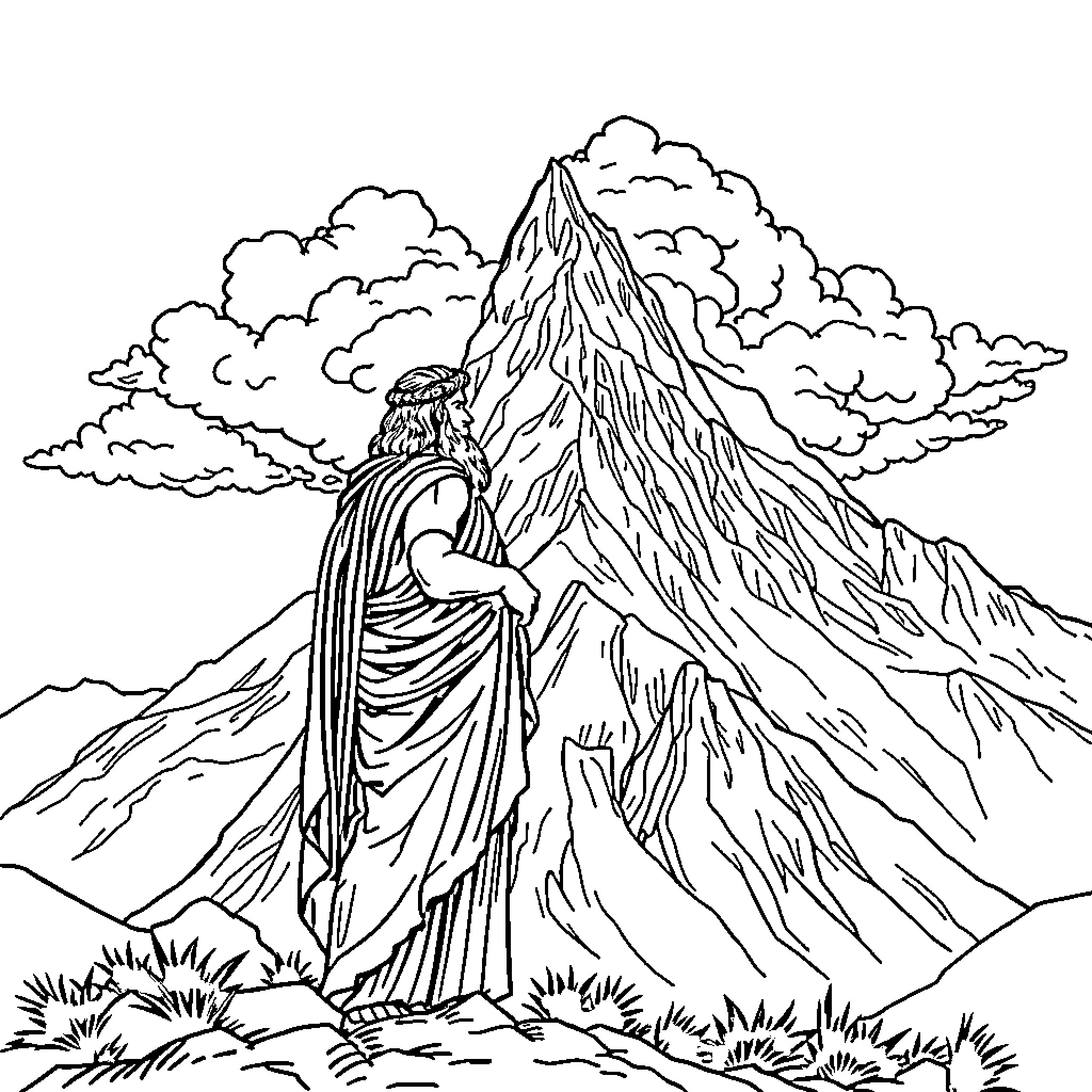 Cat Exploring the Majestic Mountain Landscape Coloring Page (free black-and-white line drawing printable PDF for all, from beginners to advanced learners, including children, teens, adults, and seniors)