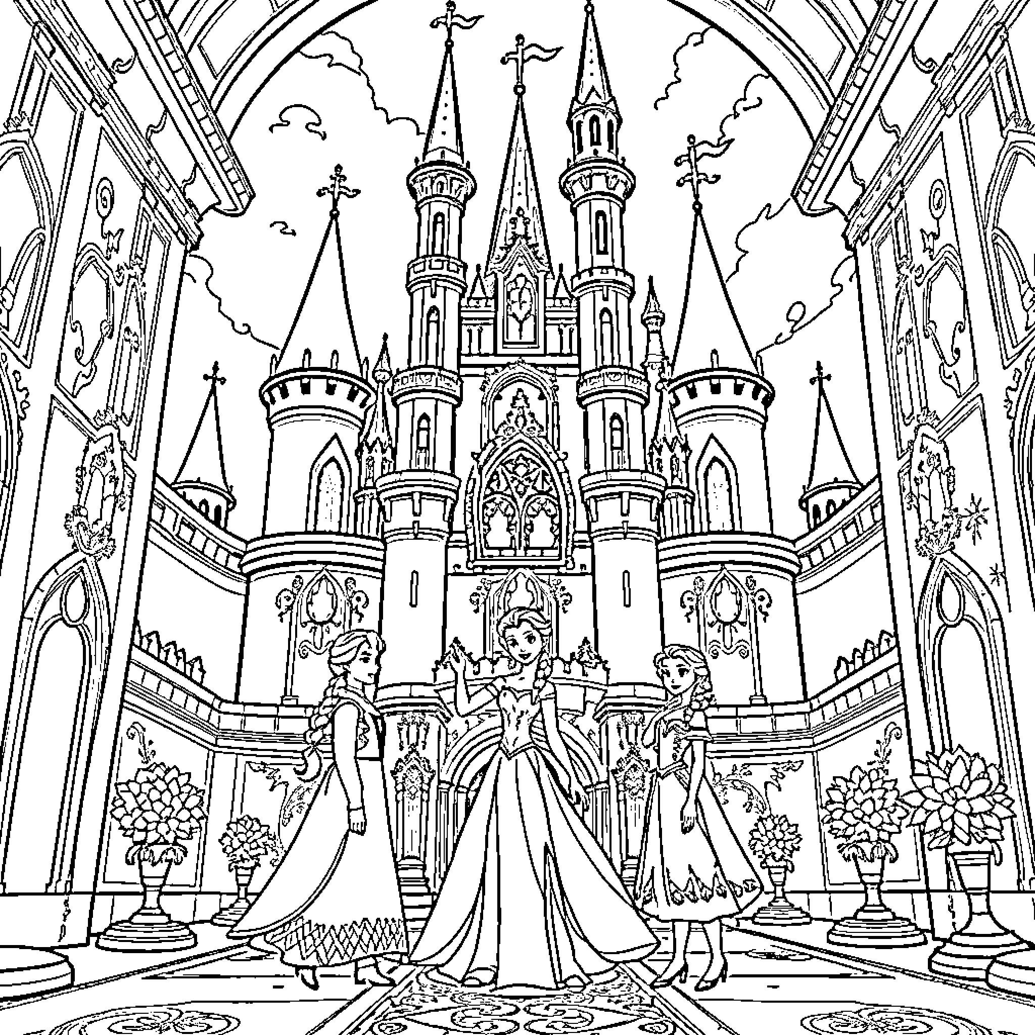 Marmite's Enchanting Castle Celebration Coloring Page (free black-and-white line drawing printable PDF for all, from beginners to advanced learners, including children, teens, adults, and seniors)