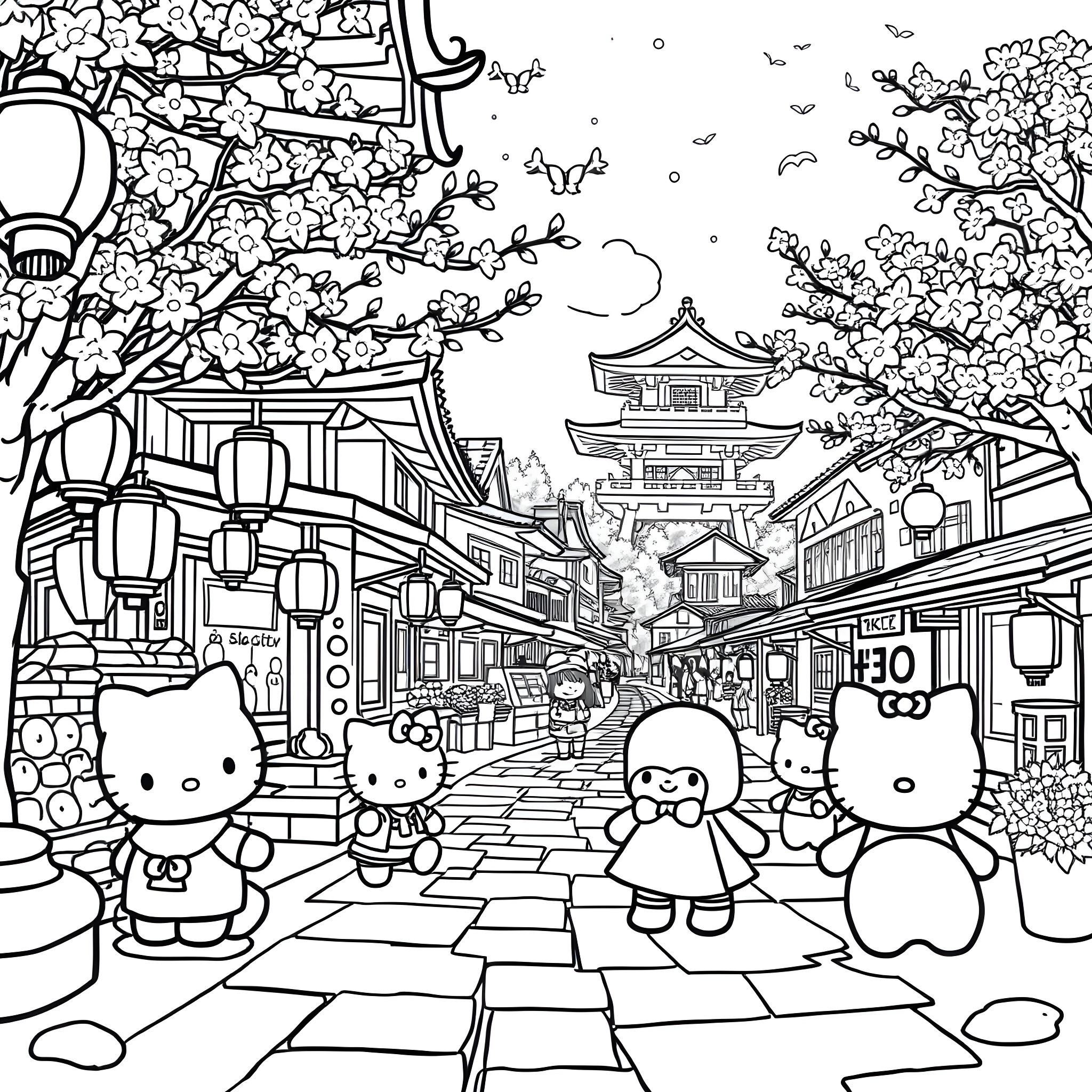 Hello Kitty and Friends Explore Traditional Japanese Town Coloring Page (free black-and-white line drawing printable PDF for all, from beginners to advanced learners, including children, teens, adults, and seniors)