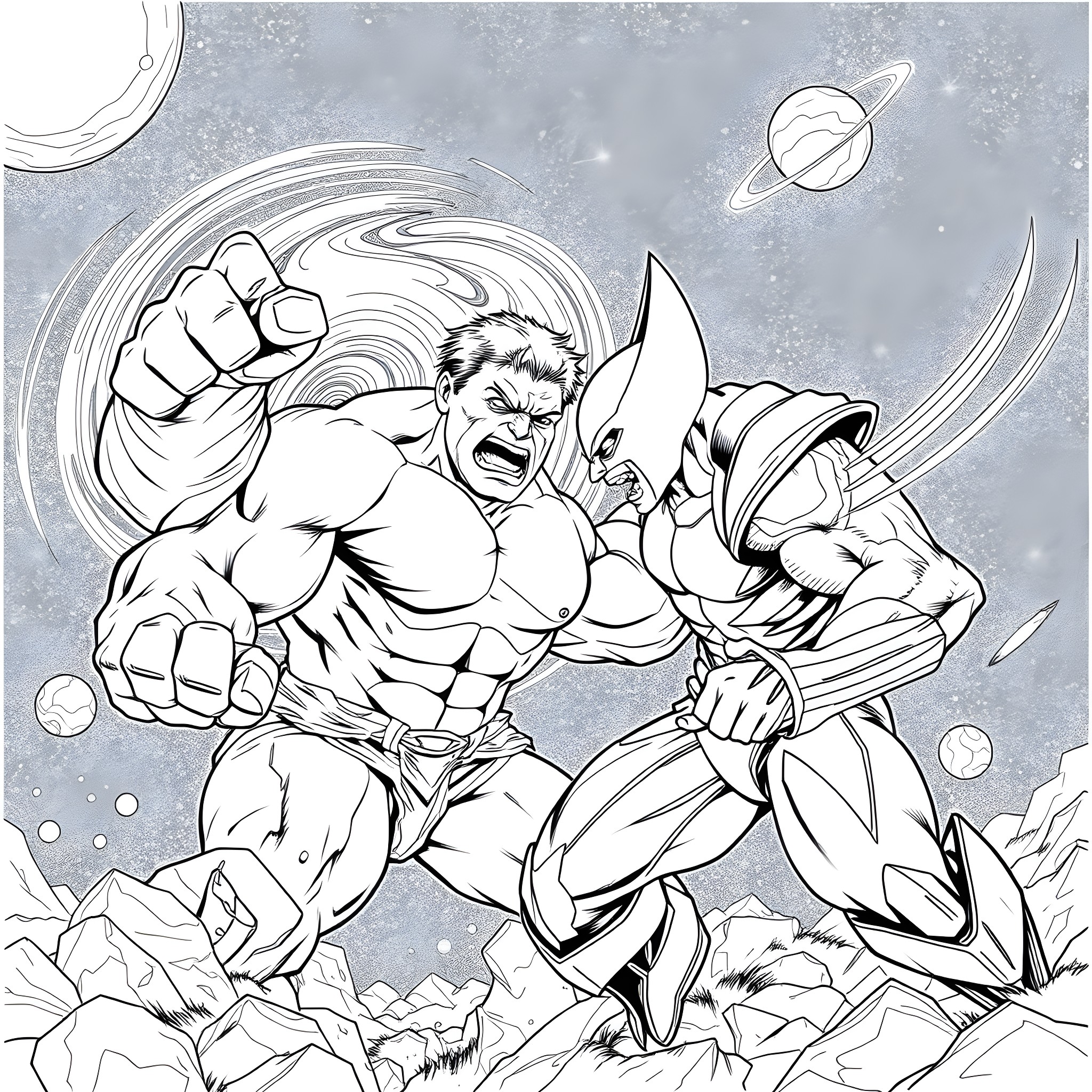 Hulk Battling Fierce Alien Foe in Cosmic Landscape Coloring Page (free black-and-white line drawing printable PDF for all, from beginners to advanced learners, including children, teens, adults, and seniors)